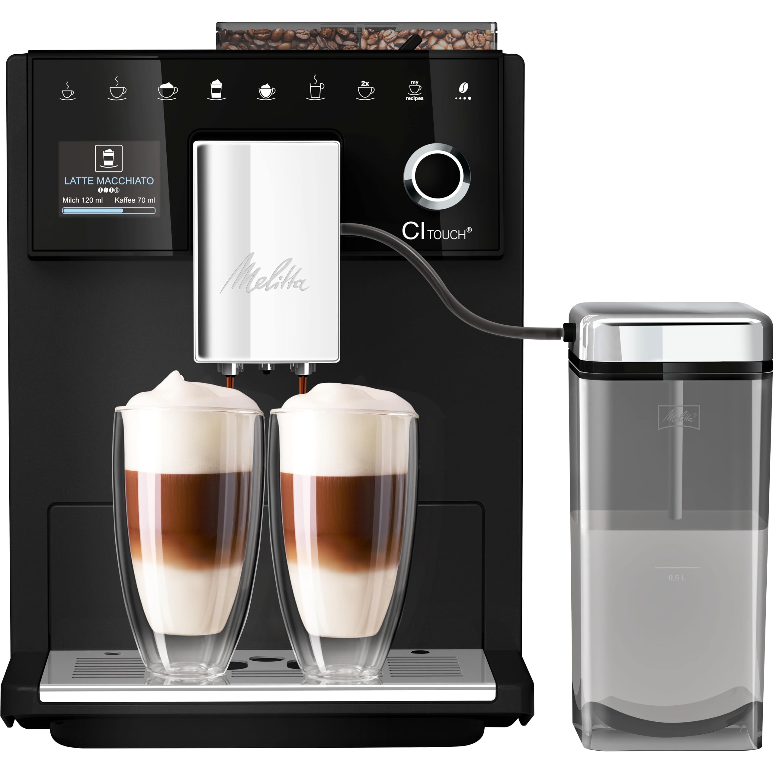 Melitta CI Touch - دستگاه قهوه کاملاً اتوماتیک با سیستم شیر، دستگاه قهوه با آسیاب قهوه یکپارچه و کف ساز شیر، به عنوان مثال برای اسپرسو یا کاپوچینو، مشکی مات، مشکی فیس لیفت