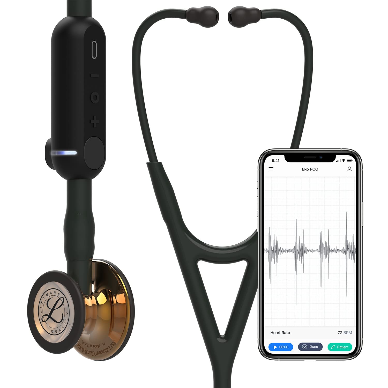 خرید از آمازون - استتوسکوپ دیجیتال 3M Littmann CORE، قفسه سینه مسی بسیار صیقلی، لوله مشکی، اتصال لوله و قلاب گوش، 69 سانتی متر، 8863 قطعه قفسه سینه مسی صیقلی آینه، لوله سیاه، اتصال لوله و قلاب گوش تک