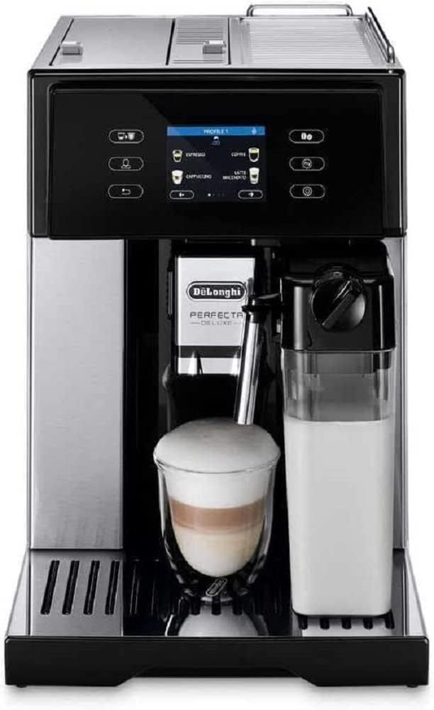 اسپرسو ساز تمام اتوماتیک دلونگی ایتالیا DeLonghi Perfecta Deluxe ESAM 460.80.MB با سیستم شیر LatteCrema و عملکرد قابلمه قهوه، صفحه نمایش رنگی شامل قهوه جوش، استیل ضد زنگ/مشکی