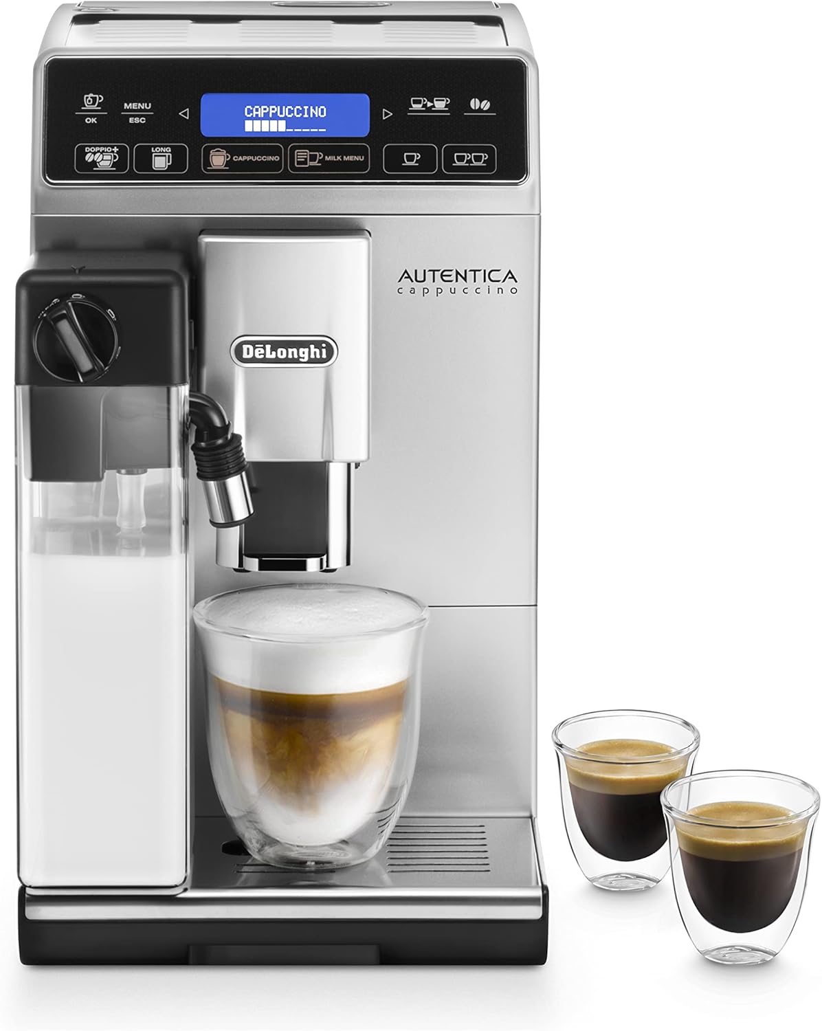 اسپرسو ساز قهوه ساز تمام اتوماتیک دلونگی ایتالیا DeLonghi Autentica Cappuccino ETAM 29.660.SB با سیستم شیر LatteCrema، کاپوچینو و اسپرسو با لمس یک دکمه، صفحه نمایش دیجیتال با متن ساده، عملکرد 2 فنجان، نقره ای