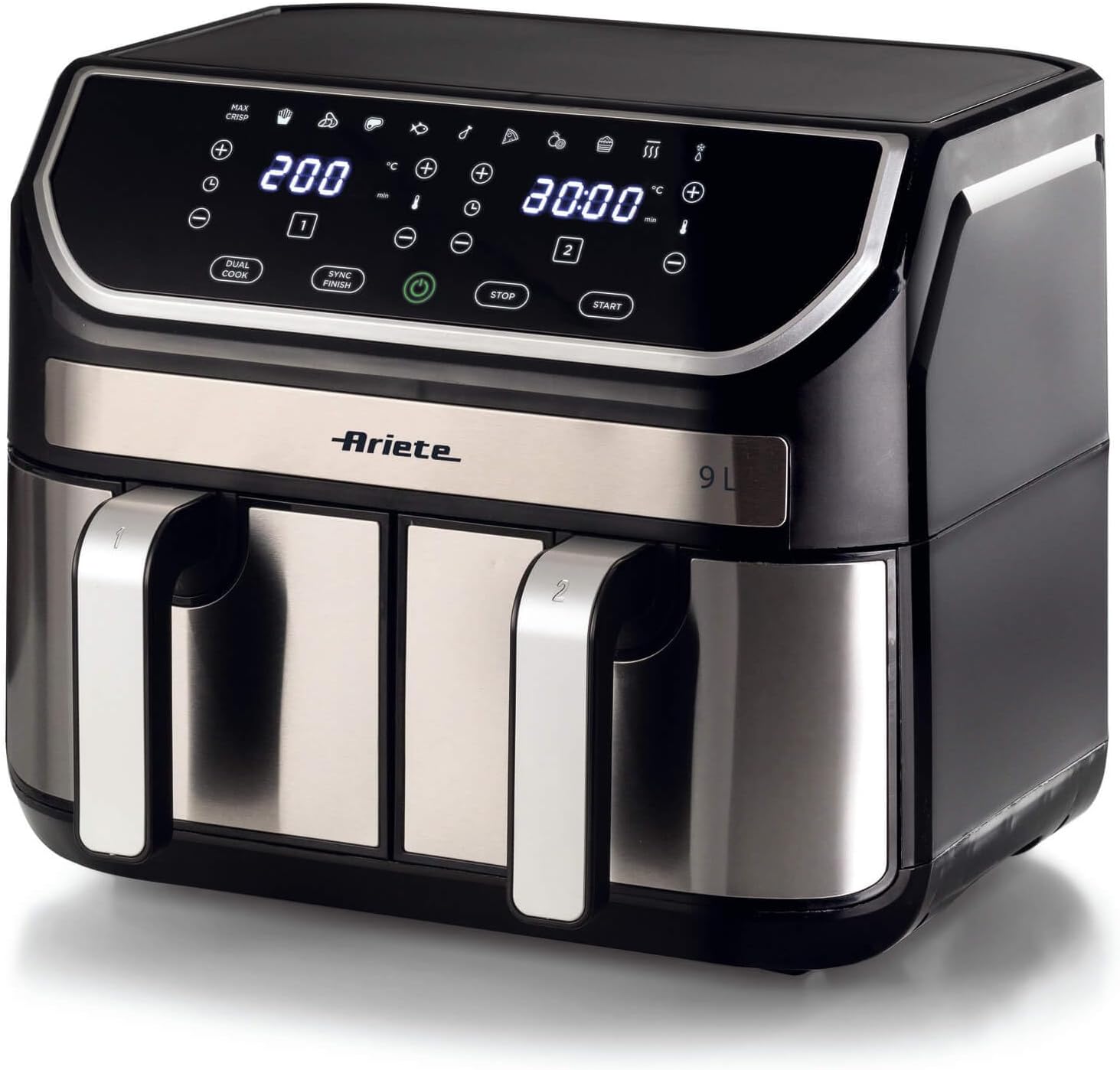 سرخ کن دوقلو آریته ایتالیا Ariete 4625 Air Fryer 9L - 11 برنامه از پیش تعیین شده، صفحه نمایش دیجیتال، سرخ کن هوا دو سبد قابل شستشو در ماشین ظرفشویی با فناوری Rapid Air، دمای قابل تنظیم از 80 درجه سانتی گراد تا 200 درجه سانتی گراد
