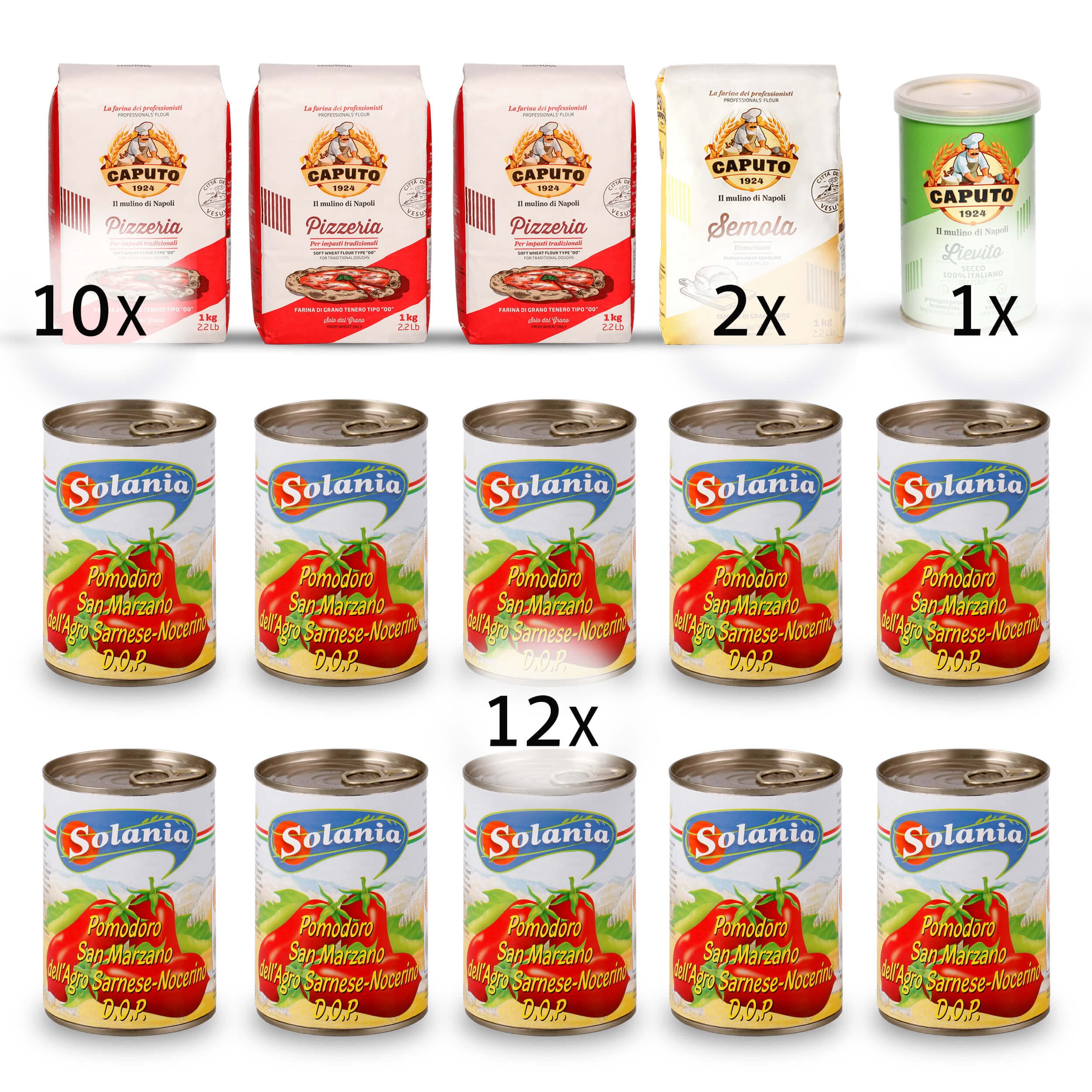 خرید از آمازون - DELICRET - کیت پیتزا NEAPEL LARGE با Zutaten اصل | پیتزامهل کاپوتو 10 x 1 کیلوگرم و سمولینا 1 کیلوگرم کاپوتو و 100 گرم Caputo Trockenhefe + 12 x 400 گرم San Marzano Tomate Pizzaset Grande