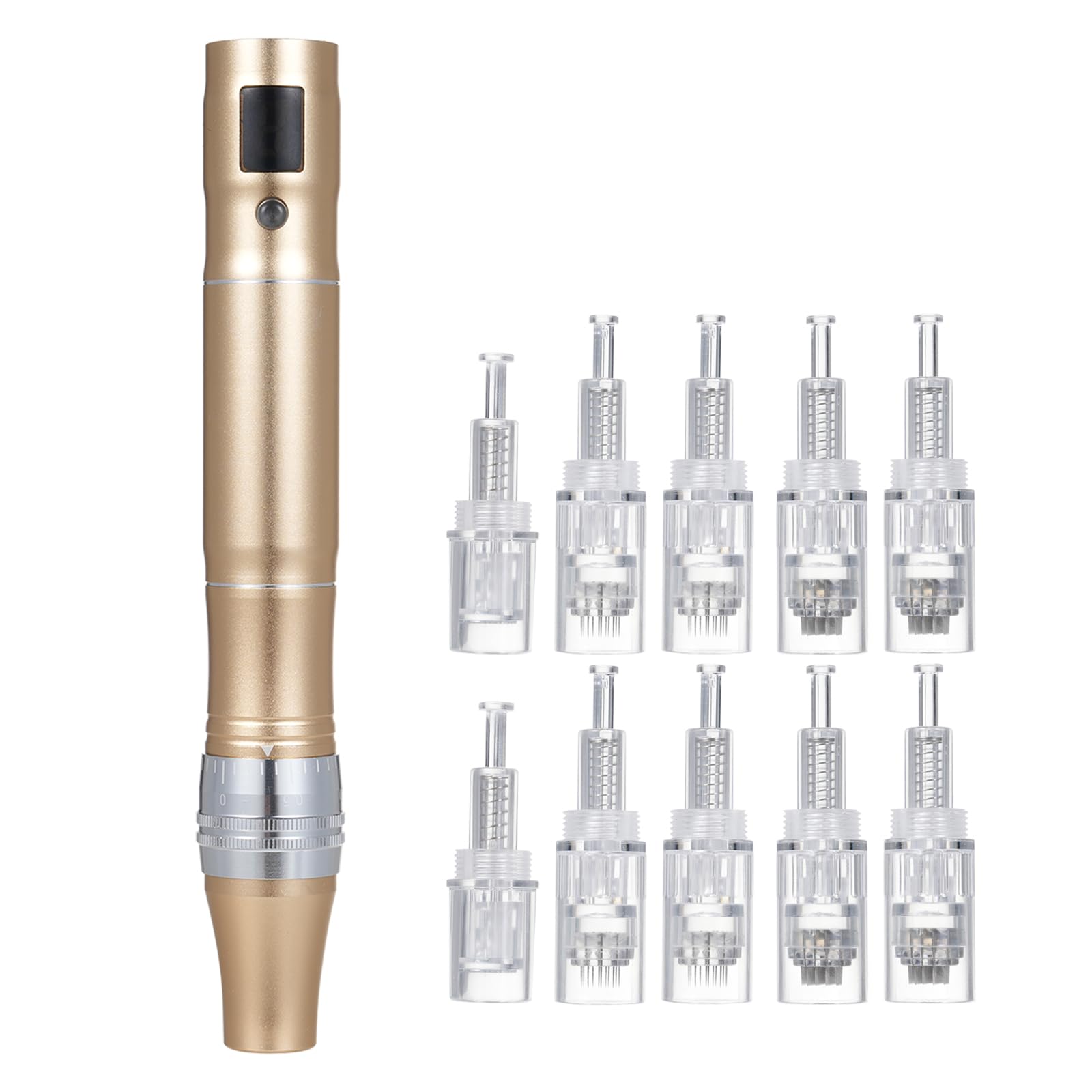 خرید از آمازون - قلم میکرونیدلینگ برقی حرفه ای Layhou، قلم میکروکریستالی قلم Derma، 0-2.5 میلی متر، طول سوزن قابل تنظیم، شدت لرزش 5 سطح، قابل تنظیم با نمایشگر دیجیتال (طلایی)