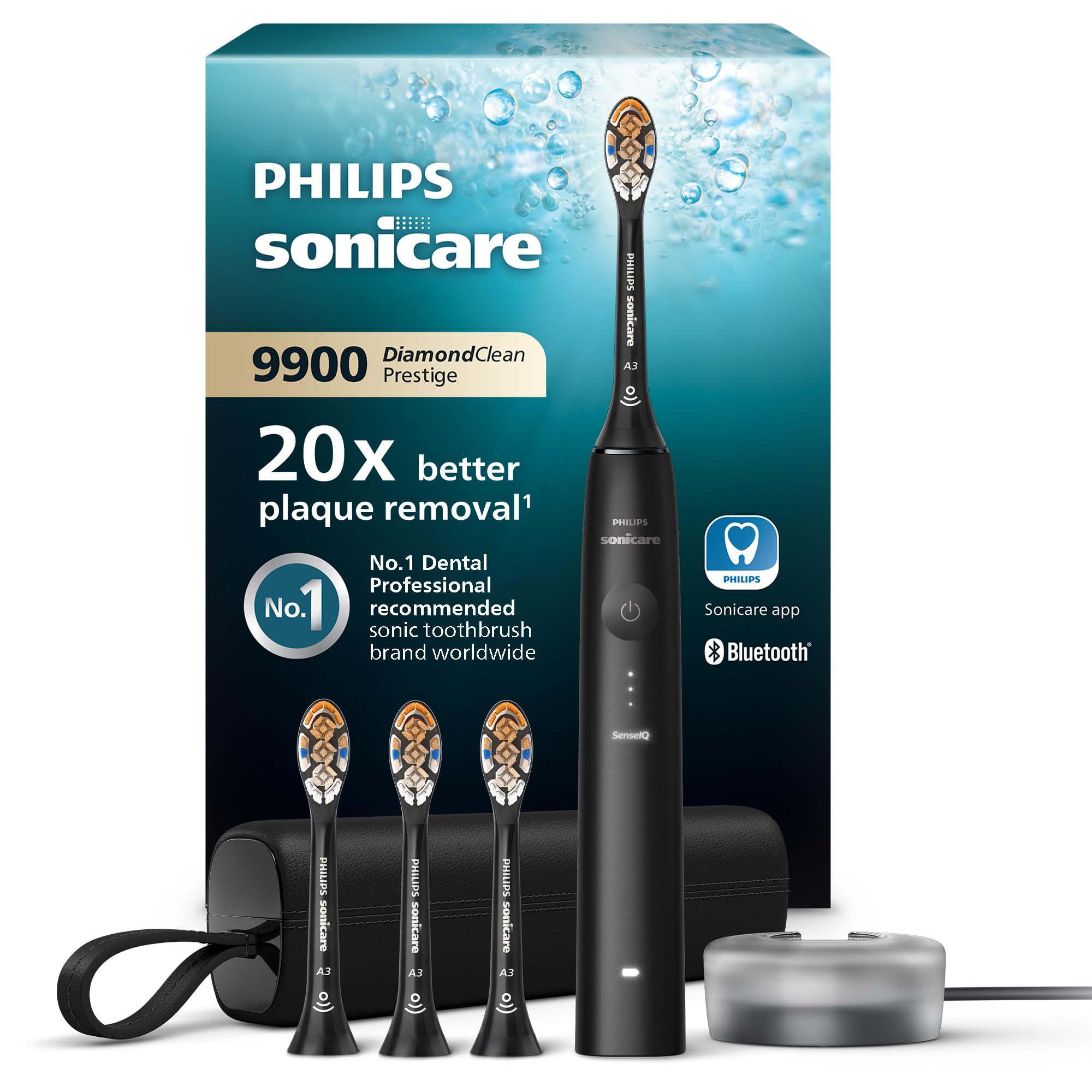 مسواک برقی Philips Sonicare مدل DiamondClean 9900 Prestige با فناوری و اپلیکیشن SenseIQ، 5 حالت مسواک زدن، کیف مسافرتی با شارژر، مشکی، مدل HX9992/43 Sonicare 9900، مشکی، 4 سر برس