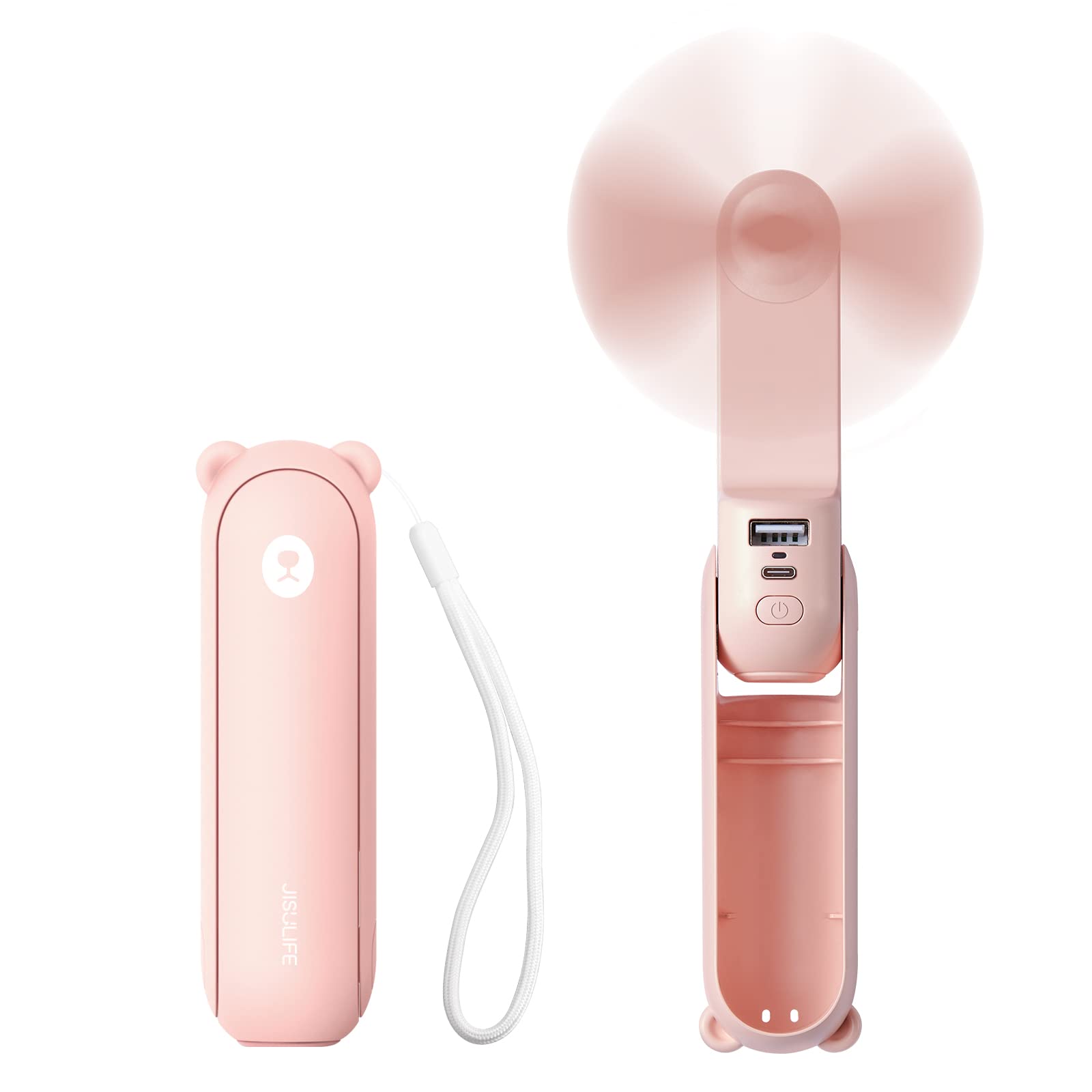 خرید از آمازون - JISULIFE 3 IN 1 Handventilator Batteriebetrieben, Mini Ventilatoren USB Wiederaufladbarer, Klein Taschenventilator [14-21 Betriebsstunden] mit Powerbank, Taschenlampen Funktion für Frauen Kinder-Rosa