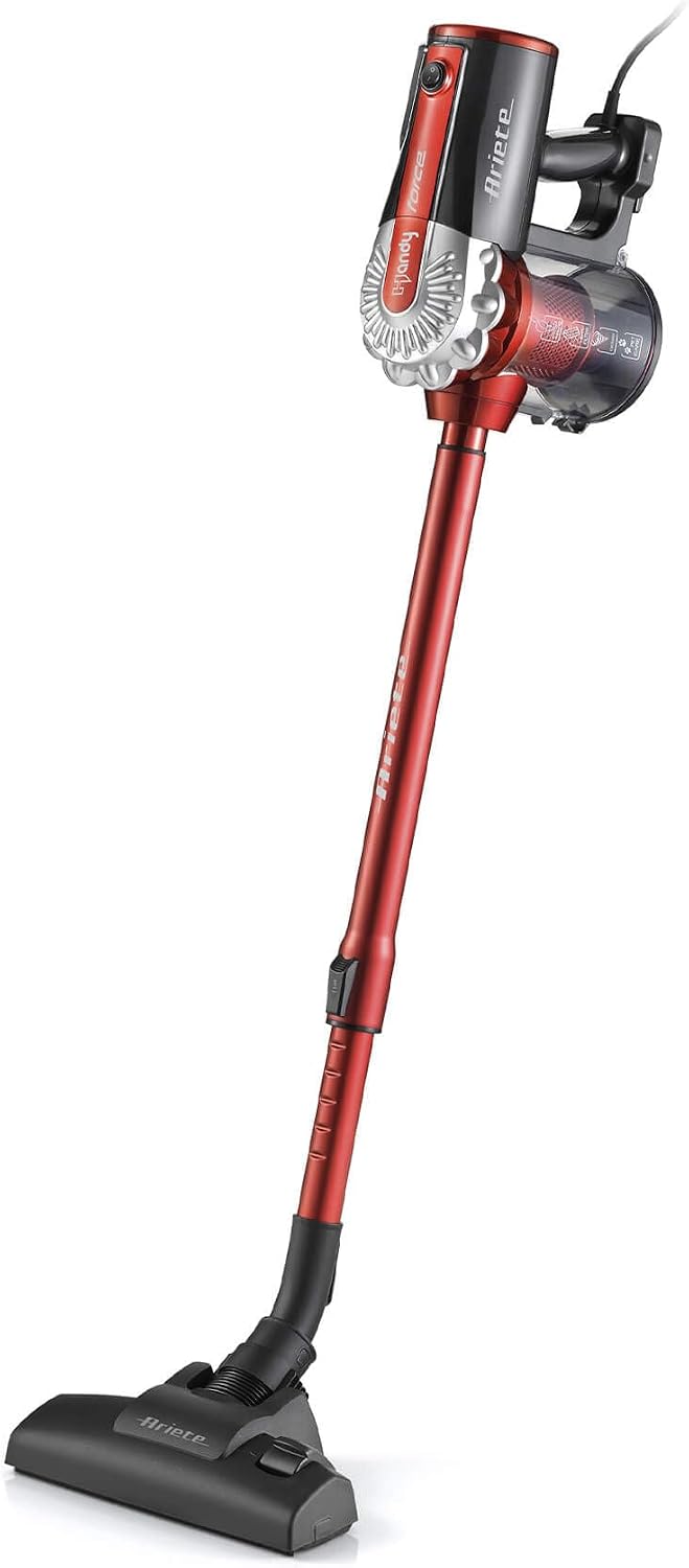 جارو برقی آریته ایتالیا Ariete، 2761 Handy Force جارو برقی سیمی 2 در 1، جارو برقی فیلتر HEPA، فناوری سیکلون، بدون کیسه، برس سنتی، لوله تلسکوپی، قرمز/مشکی