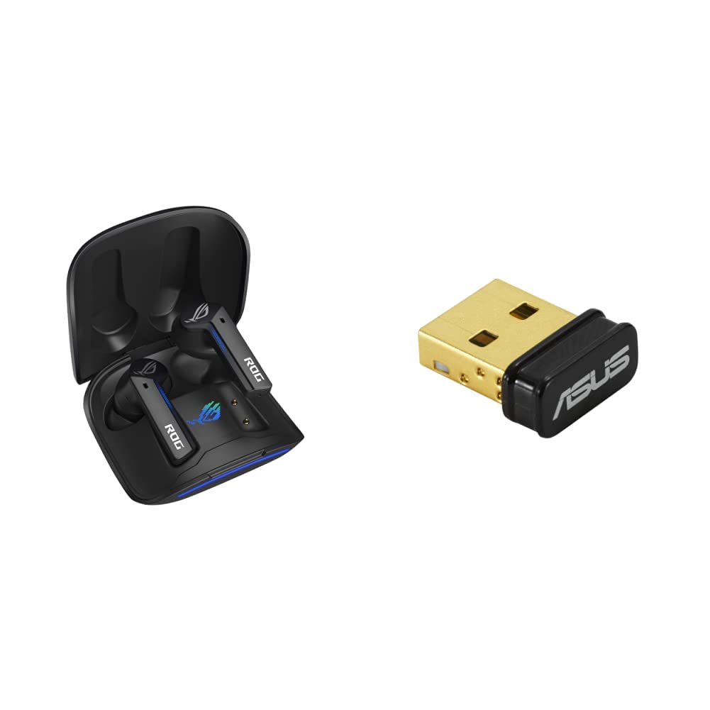 خرید از آمازون - هدفون ASUS ROG Cetra True Wireless TWS In-Ear Gaming، عمر باتری 27 ساعته، شارژ بی سیم، کنترل لمسی، ضد آب، مشکی و بلوتوث USB-BT500 آداپتور USB 5.0
