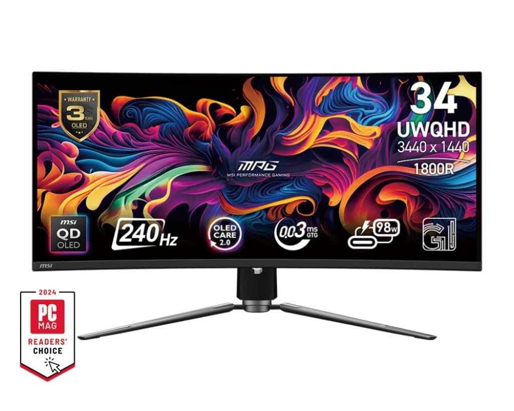 مانیتور گیمینگ OLED خمیده MSI MPG 341CQPX 34 اینچی OLED خمیده، 3440 x 1440 (UWQHD)، زمان پاسخگویی 0.03 میلی‌ثانیه، 240 هرتز، HDR 400 True Black، HDMI، پورت DP، USB نوع C، شیب،