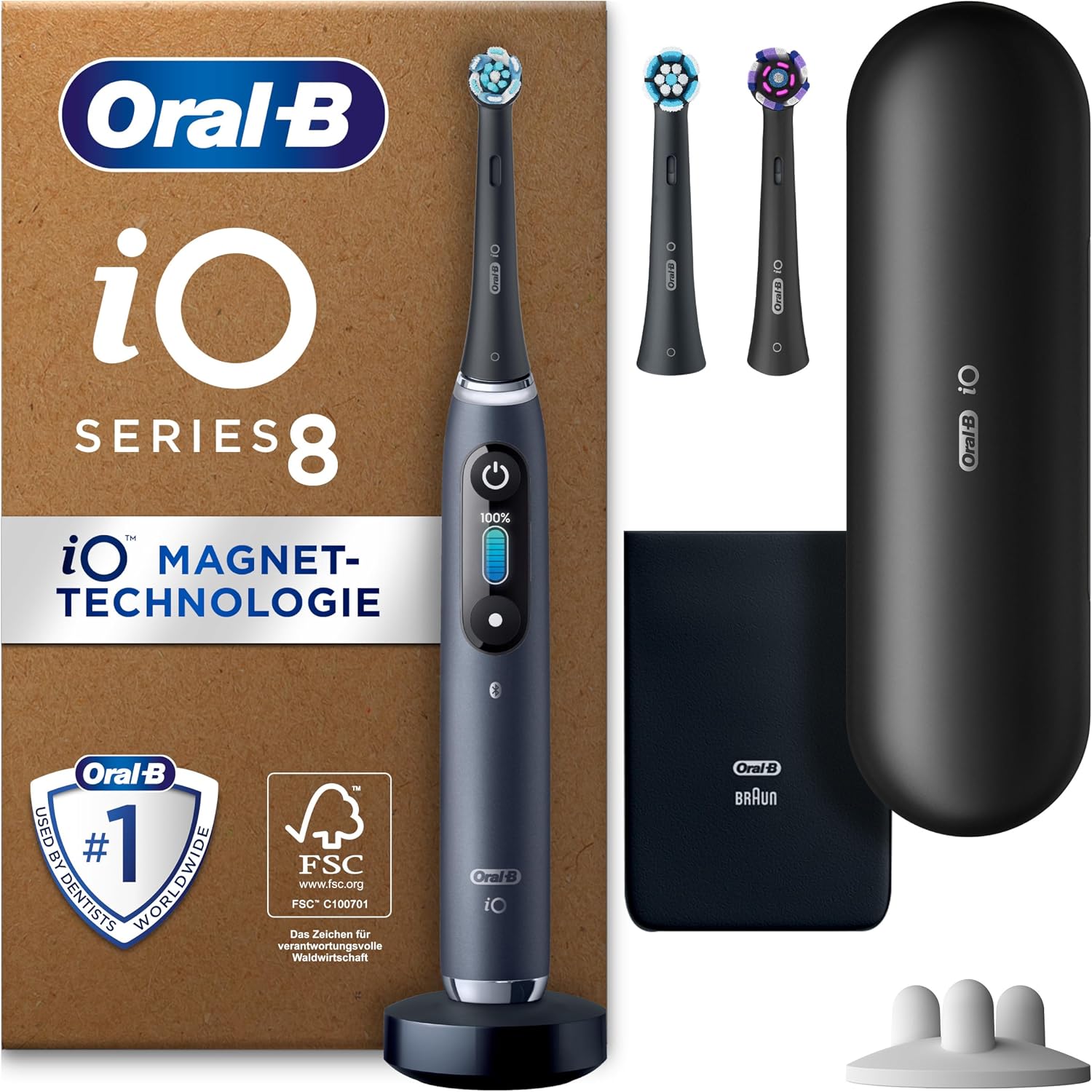 مسواک برقی اورال بی آمریکا Oral-B iO Series 8 Plus Edition / مسواک برقی، PLUS 3 سر مسواک شامل سفید کننده، قاب مغناطیسی، 6 حالت تمیز کردن، بسته بندی قابل بازیافت، هدیه برای مرد/زن، مشکی