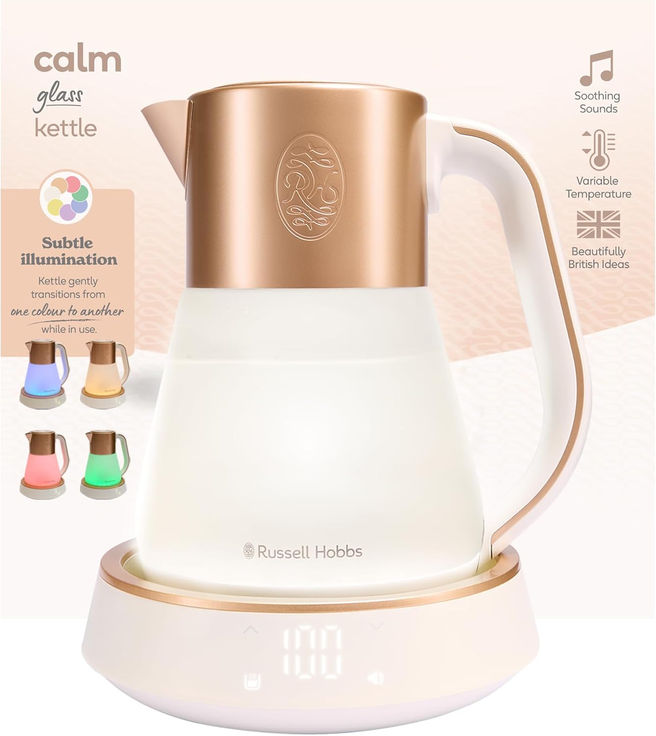 کتری برقی شیشه ای موزیکال راسل هابز انگلستان Russell Hobbs 27450-70 لیتر1.7 ، تنظیم دما 40-100 درجه سانتی گراد .نور ال ای دی، صداهای تسکین دهنده، فناوری جوش آرام، عملکرد گرم نگه داشتن، نمایشگر دیجیتال، کنترل لمسی