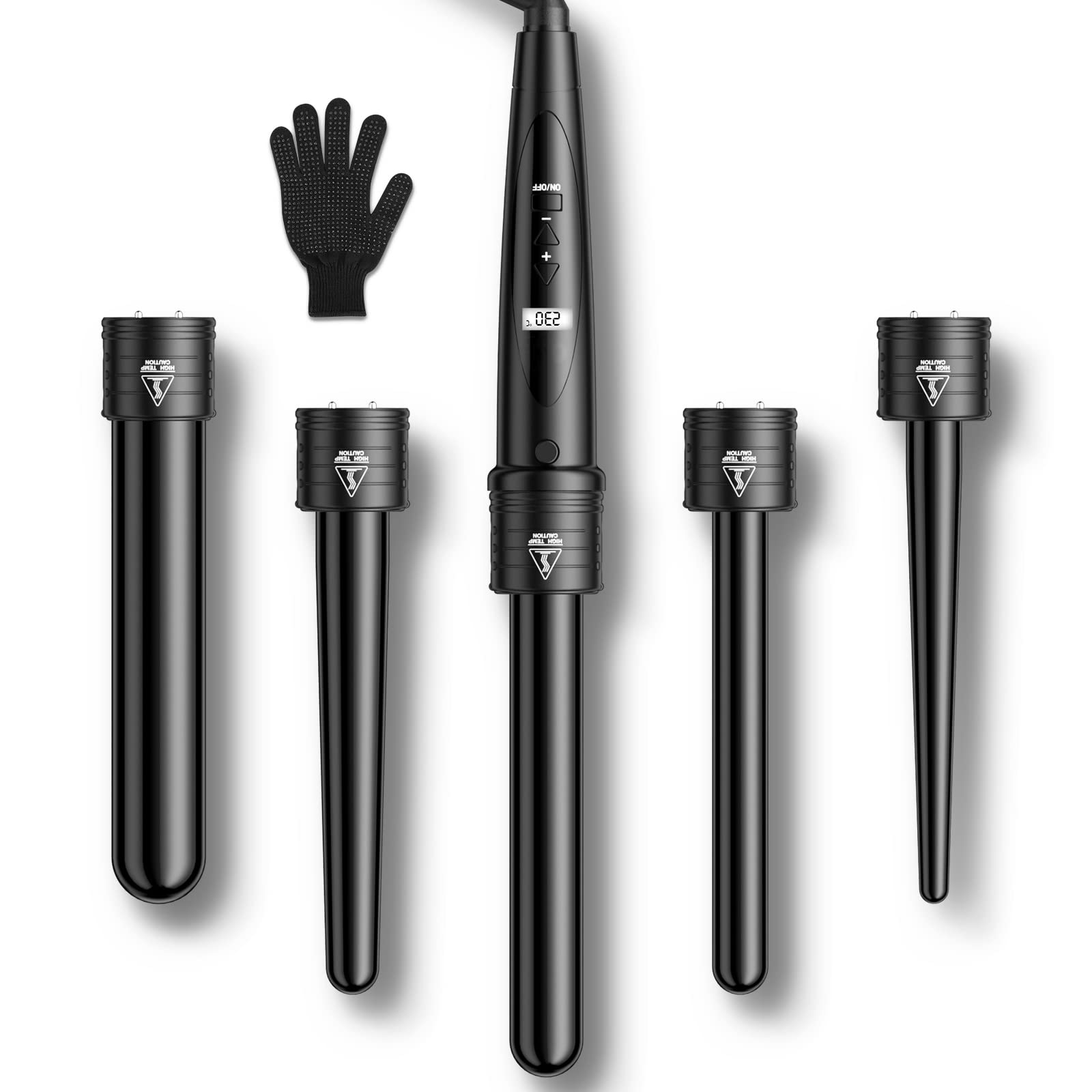خرید از آمازون - Lockenstab 5 in 1 LCD Keramikbeschichtung Multifunktions Austauschbare Welleneisen mit Handschuhe Lockenwickler Kit ET-W301 Black