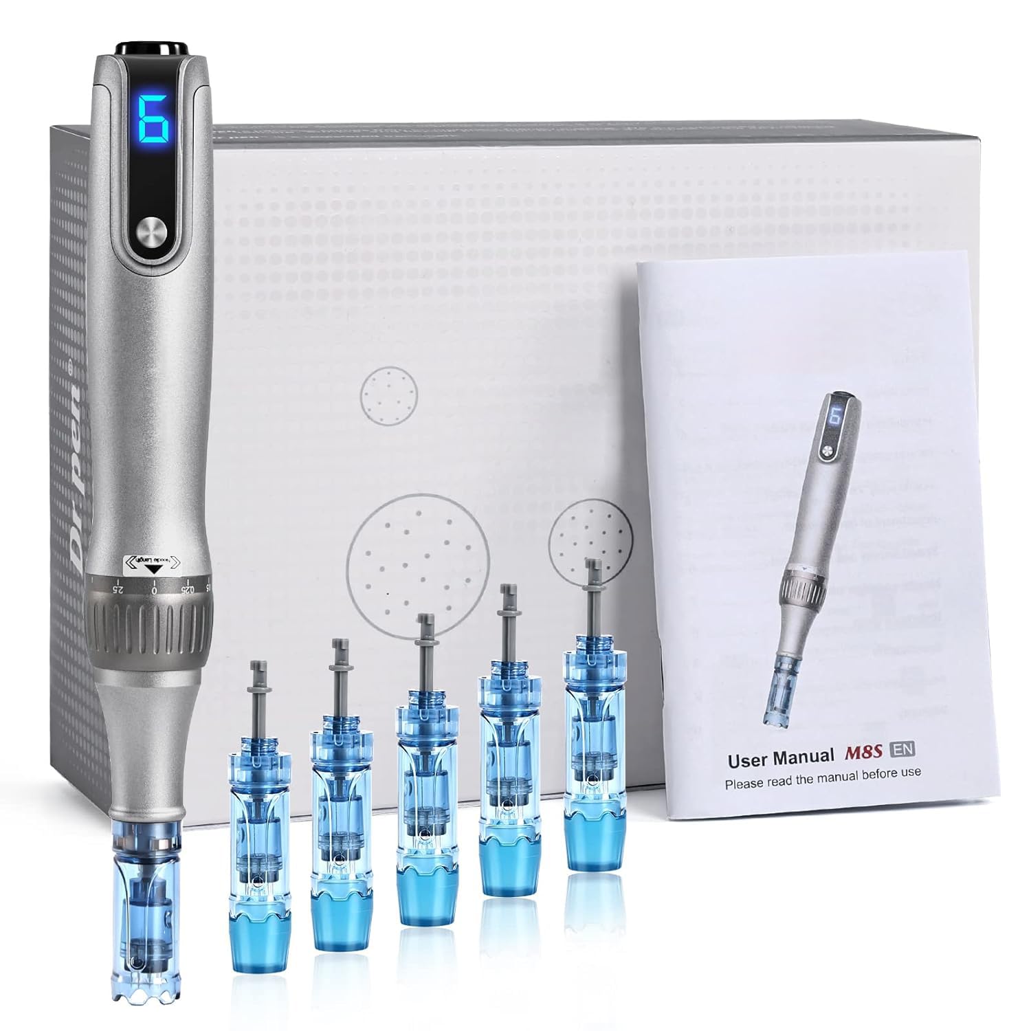 خرید از آمازون - درماپن حرفه ای، قلم میکرونیدلینگ M8s با 6 کارتریج جایگزین (3 x 12 پین + 3 x 36 پین)، ابزار مراقبت از پوست ضد پیری و بی سیم و قابل تنظیم 6 سرعته