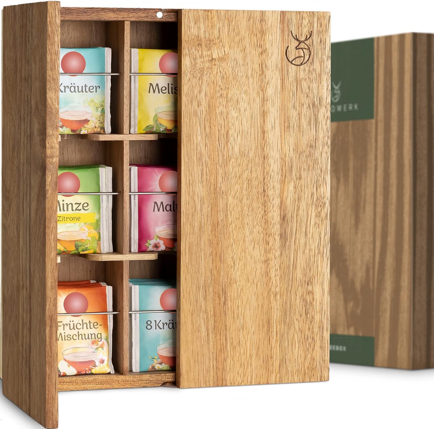 جعبه چای والدورک آلمان WALDWERK (9 محفظه) - محل نگهداری چای از چوب مقاوم اقاقیا - جعبه نگهداری چای کیسه ای بدون پلاستیک - جعبه چای بزرگ با لوازم جانبی برای نصب روی دیوار - جعبه چای چوبی
