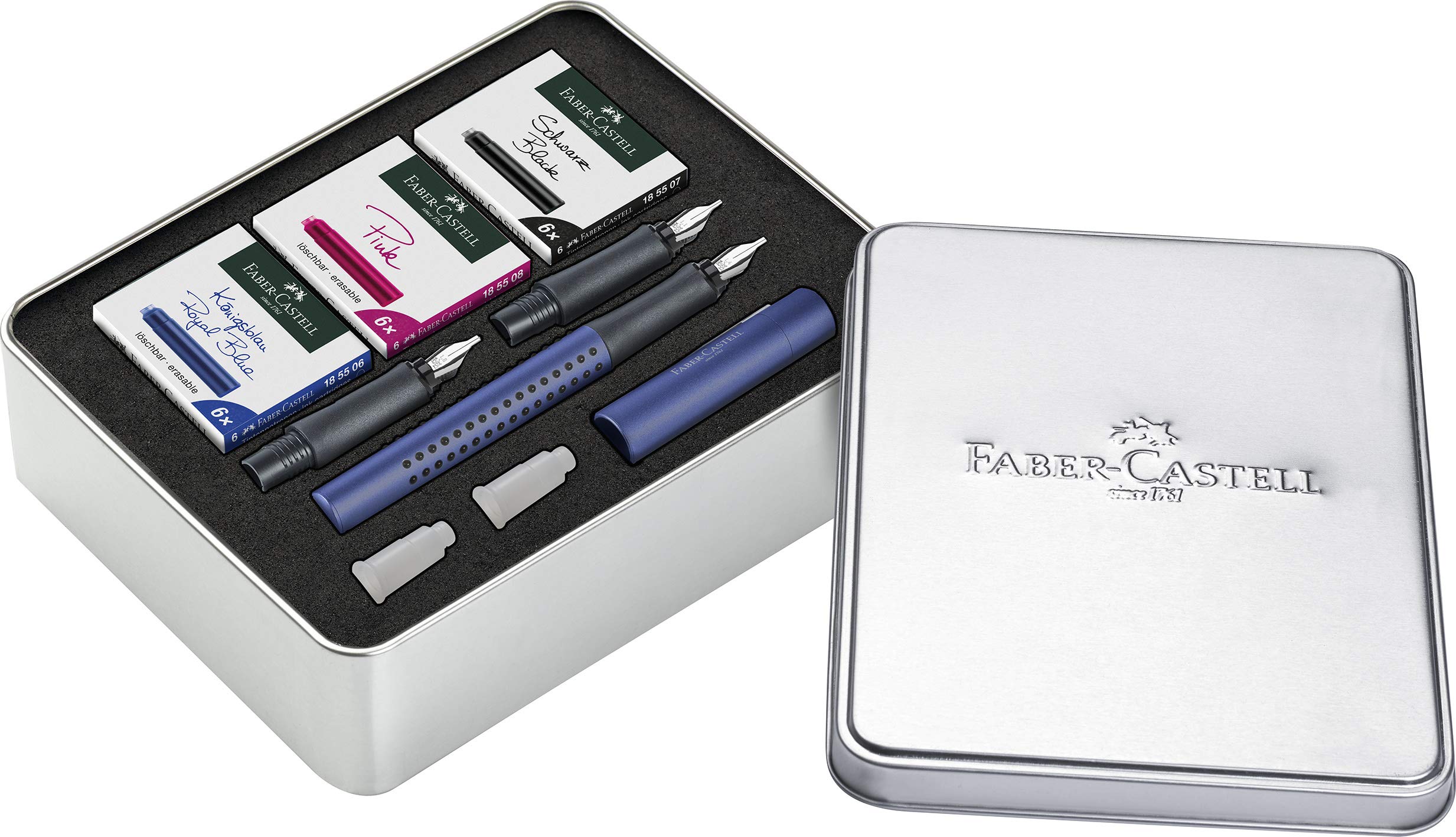 Faber-Castell 201507 - مجموعه خوشنویسی Grip 2011، خودنویس با سه اندازه نوک مختلف، هر کدام 6 فشنگ به رنگ‌های مشکی، صورتی و آبی سلطنتی