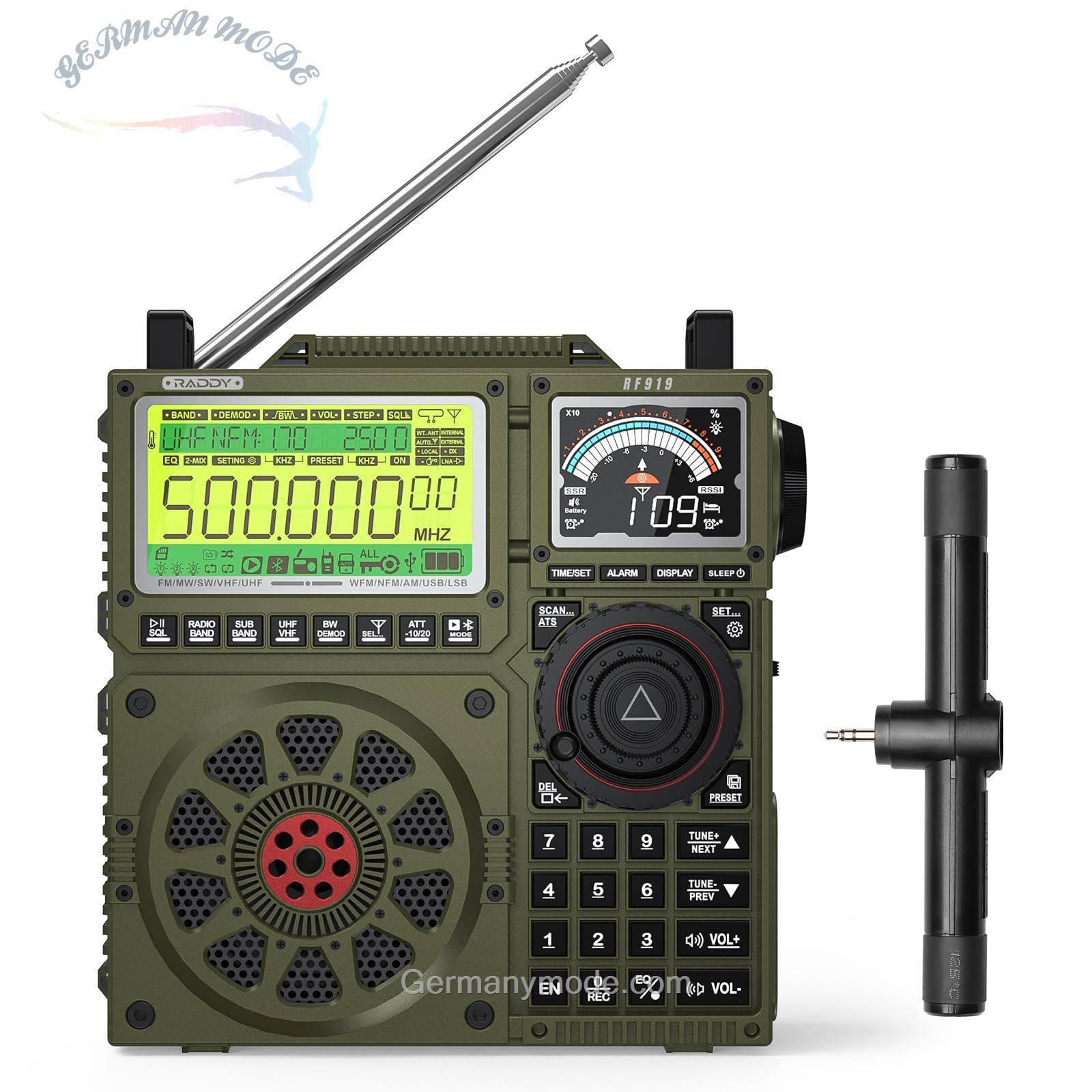 رادیو موج کوتاه Raddy RF919 SSB، گیرنده جهانی FM AM SW VHF UHF AIR CB و SSB، با تیونر آنتن، 3 کانکتور آنتن خارجی، باتری قابل شارژ 5000 میلی آمپر ساعتی، جک هدفون