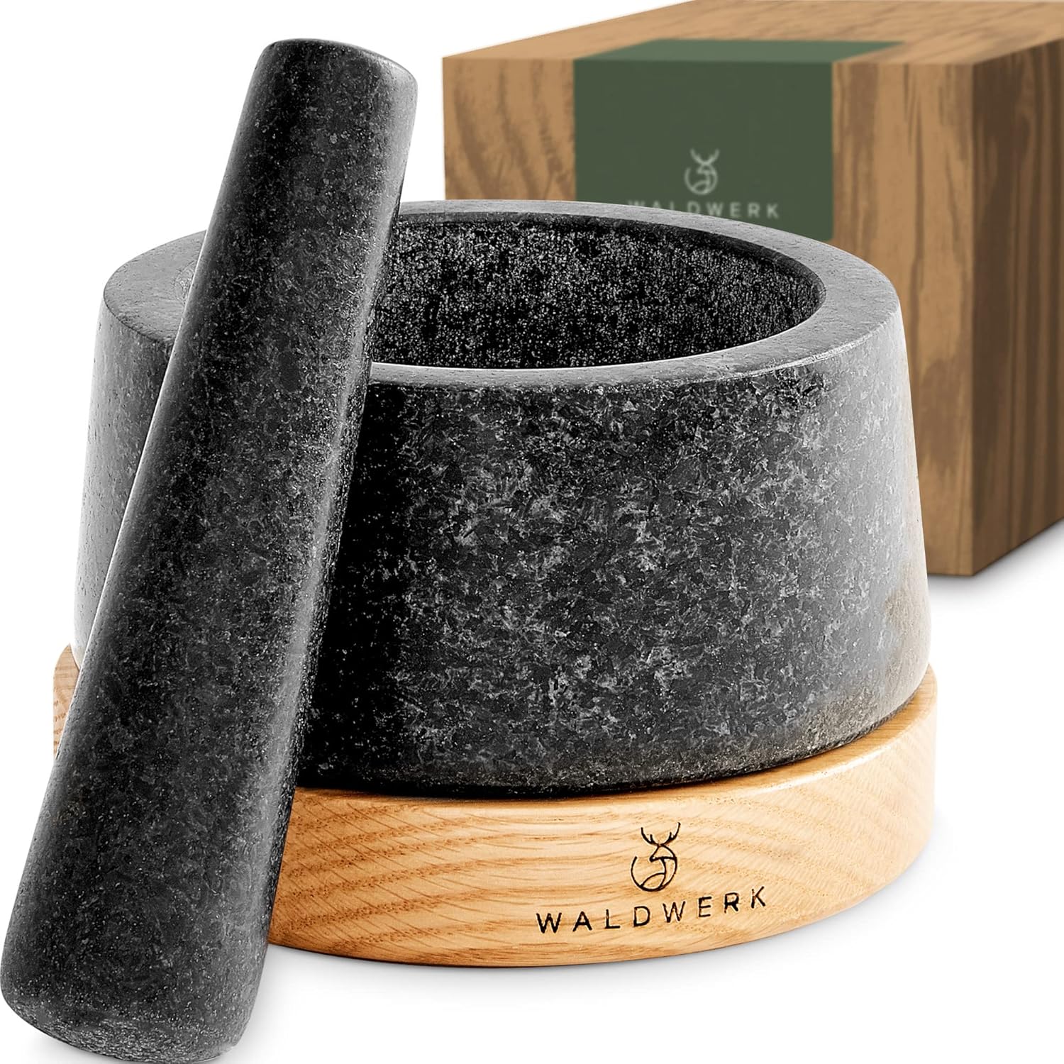 هاونگ سنگی والدورک آلمان  WALDWERK با پاستیل - ملات روی پایه بلوط نجیب و پایدار - ملات با هاون بسیار بلند ساخته شده از گرانیت طبیعی