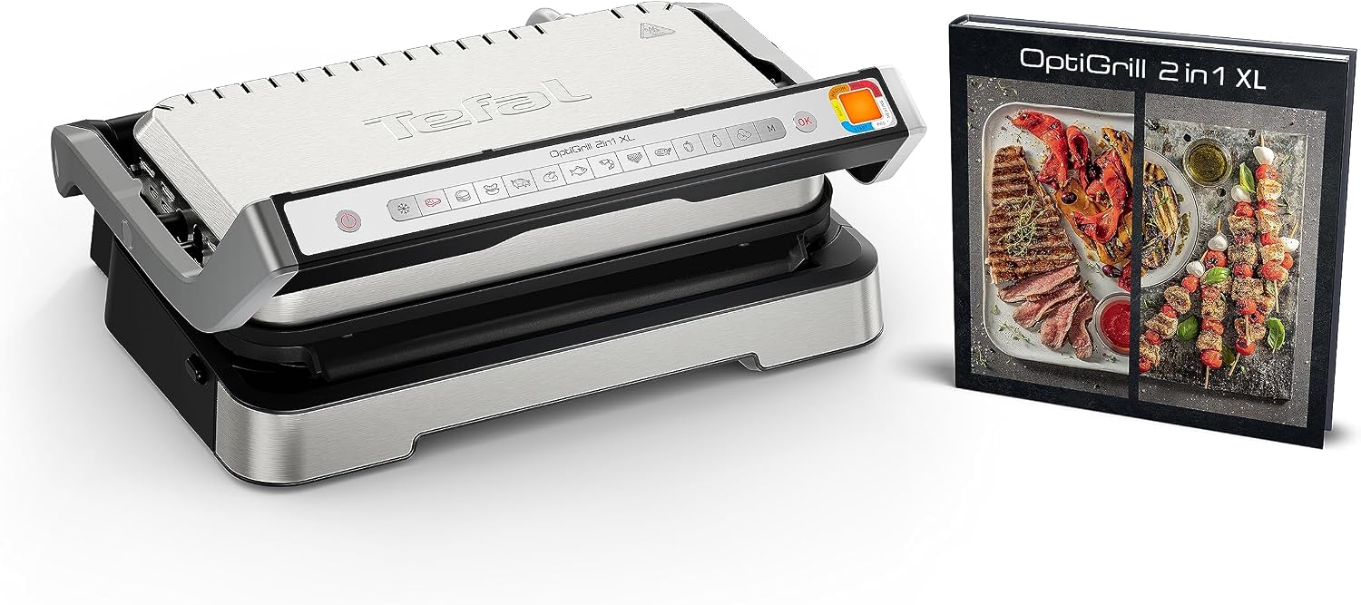 گریل باربیکیو تفال فرانسه کباب پز Tefal OptiGrill 2in1 XL، تاشو، گریل رومیزی، 12 برنامه، نمایشگر سطح پخت، صفحات XL قابل جابجایی، گریل برقی، GC782D10