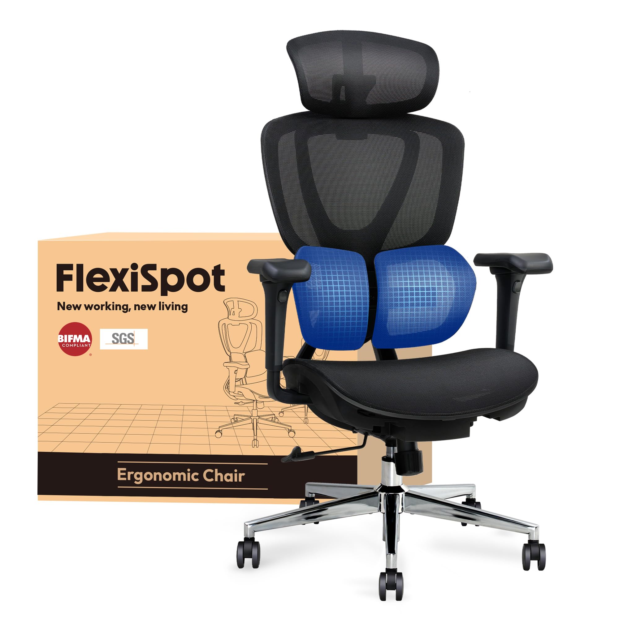صندلی اداری ارگونومیک FLEXISPOT C5، صندلی اداری با تکیه‌گاه کمر دو بال، تکیه‌گاه سر سه‌بعدی، دسته‌های سه‌بعدی و عمق نشیمن قابل تنظیم، پشتی با قابلیت تنظیم شیب و ارتفاع در سه سطح (مشکی)