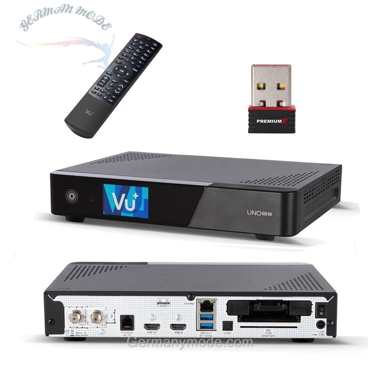 گیرنده ماهواره‌ای VU+ UNO 4K DVB-S2 لینوکس UHD 2160p HbbTV H.265 به همراه PremiumX Mini WLAN Wireless Stick تا سرعت 150 مگابیت بر ثانیه