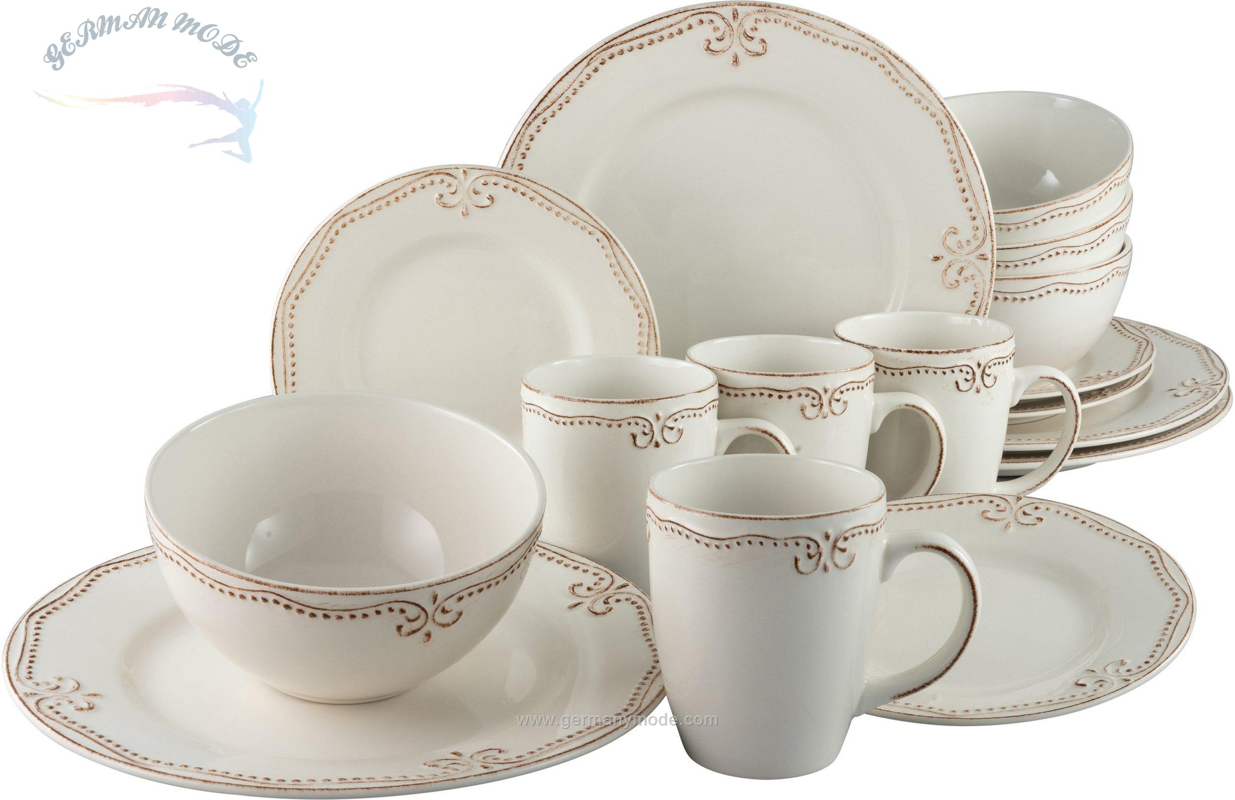 سرویس غذاخوری سرامیک 16پارچه 4 نفره کراتیبل CreaTable Kombiservice Romantic Vintage (16-tlg), Steinzeug, edles Perlenrelief, nostalgisches Design