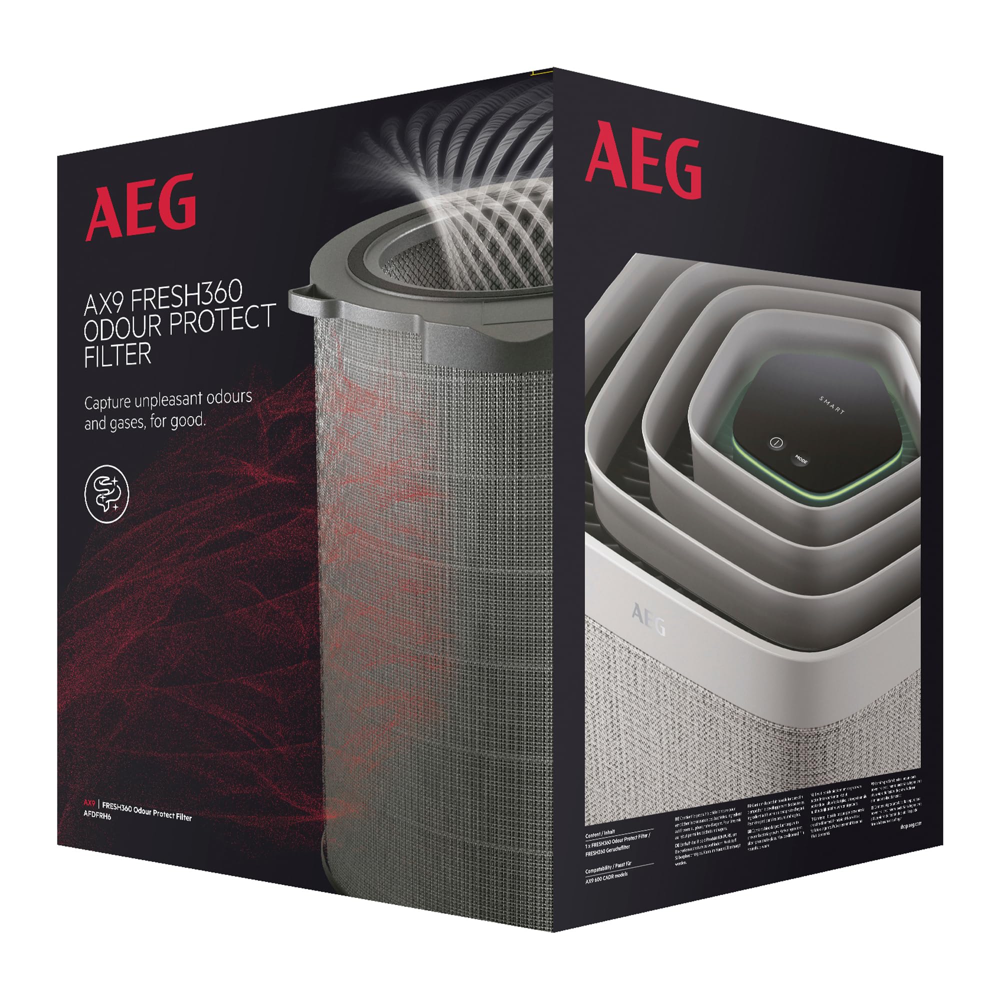 فیلتر AEG AFDFRH6 FRESH360 (مناسب برای دستگاه تصفیه هوای AX91-604DG/AX91-604GY، موثر در برابر بوهای نامطبوع، از بین برنده 99.9٪ باکتری‌ها، فیلتراسیون بهینه، عمر طولانی، خاکستری) فیلتر بو