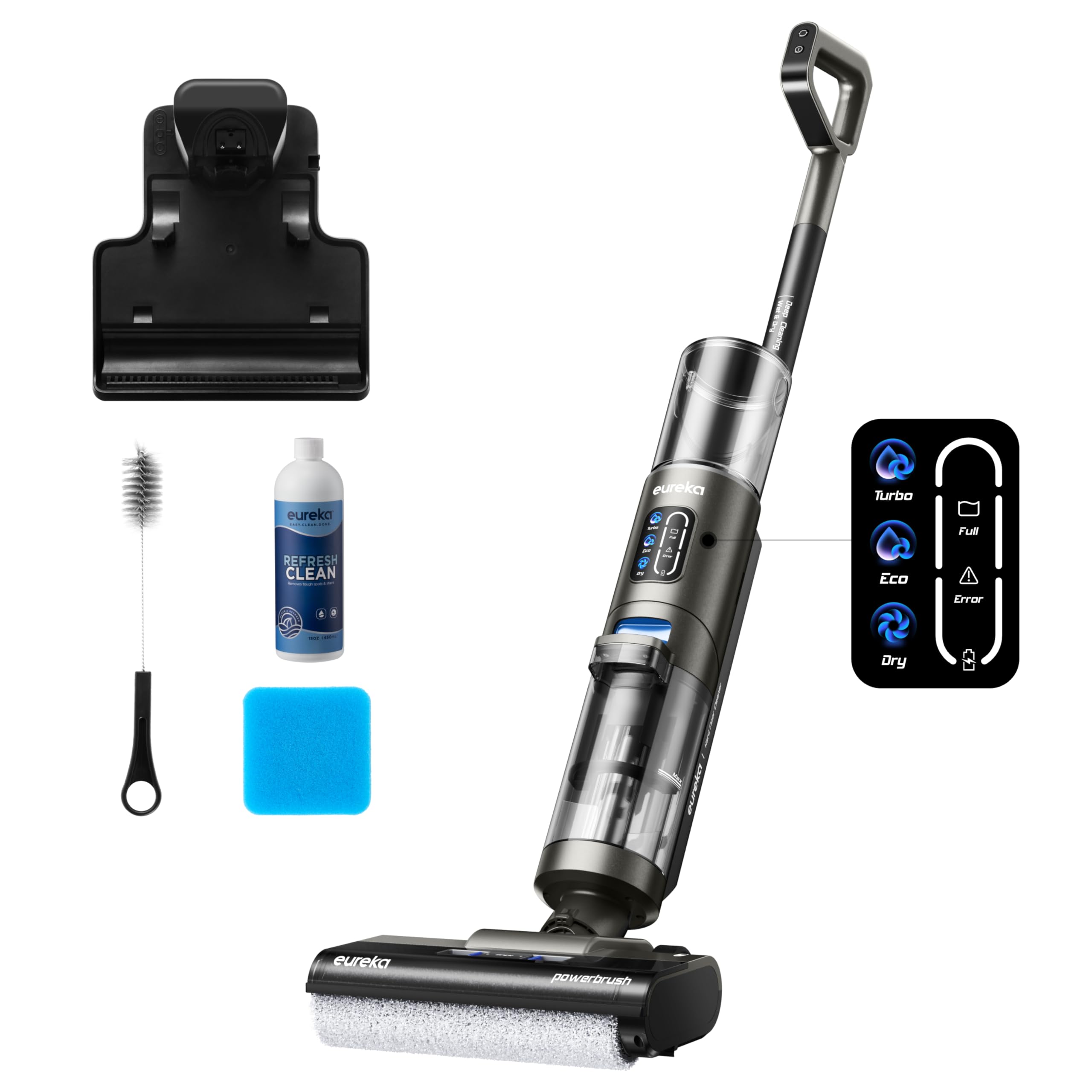جارو برقی مرطوب خشک بی سیم Eureka Rapidwash NEW430، جاروبرقی با عملکرد پاک کردن چندین سطح، موهای حیوانات خانگی، صفحه نمایش LED، عملکرد خود تمیز شونده و خشک کردن، ناوبری صوتی