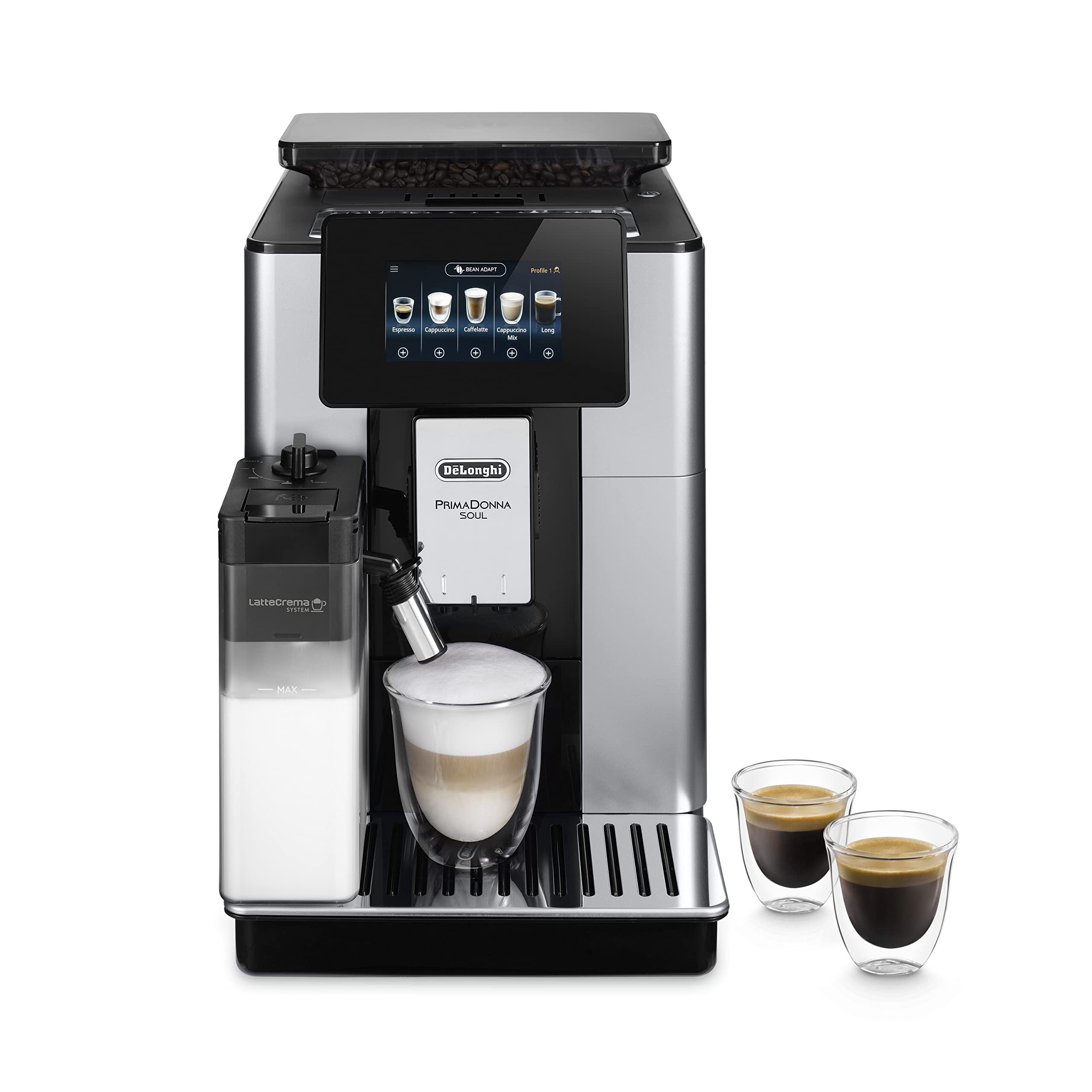قهوه ساز تمام اتوماتیک De'Longhi PrimaDonna Soul Perfetto ECAM 612.55.SB با سیستم شیر LatteCrema و فناوری Bean Adapt، 18 دستور غذا، با کنترل برنامه نمایشگر رنگی، نقره ای/مشکی