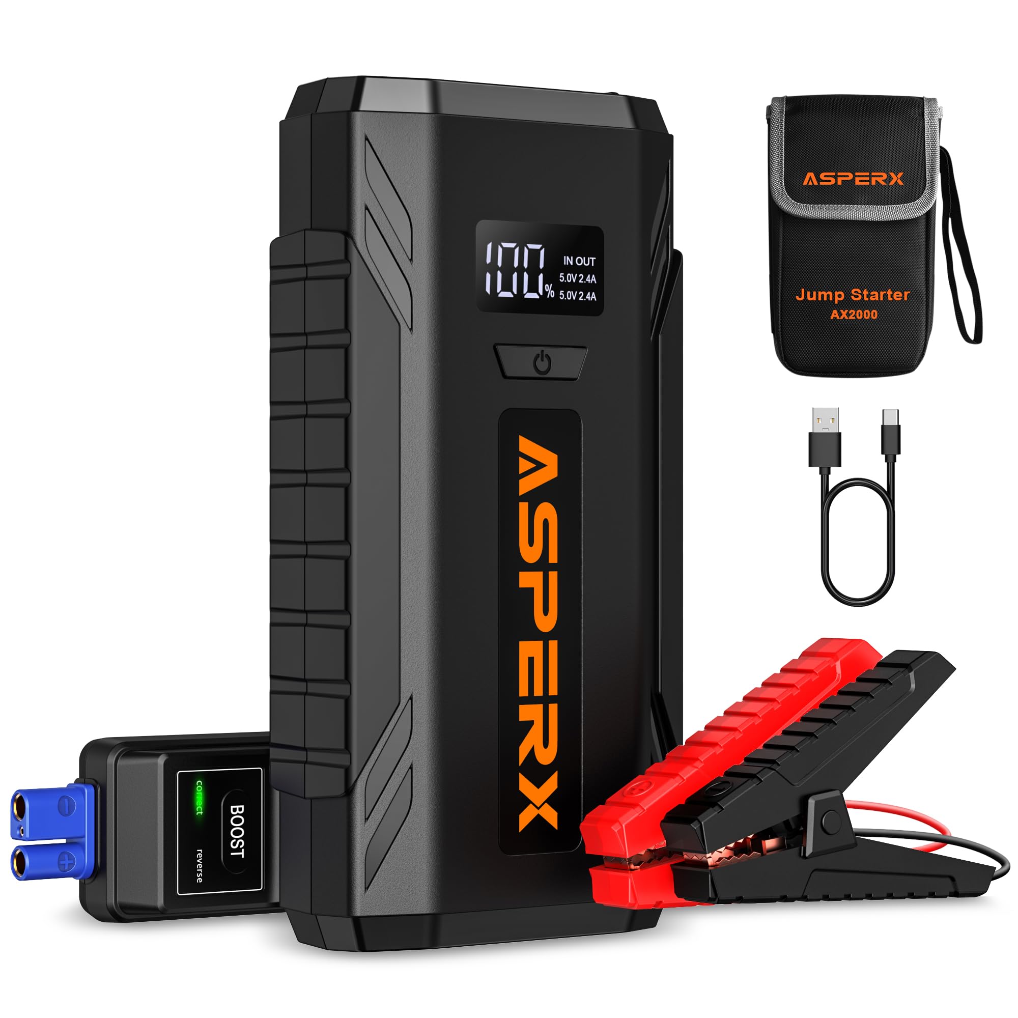 خرید از آمازون - پاوربانک ASPERX Jump Starter 2000A Peak Power Bank 12V Booster Car Jump Starter (تا 8.0 لیتر بنزین یا 6.5 لیتر دیزل) با چراغ قوه LED کابل پرش استارتر برای موتور سیکلت SUV