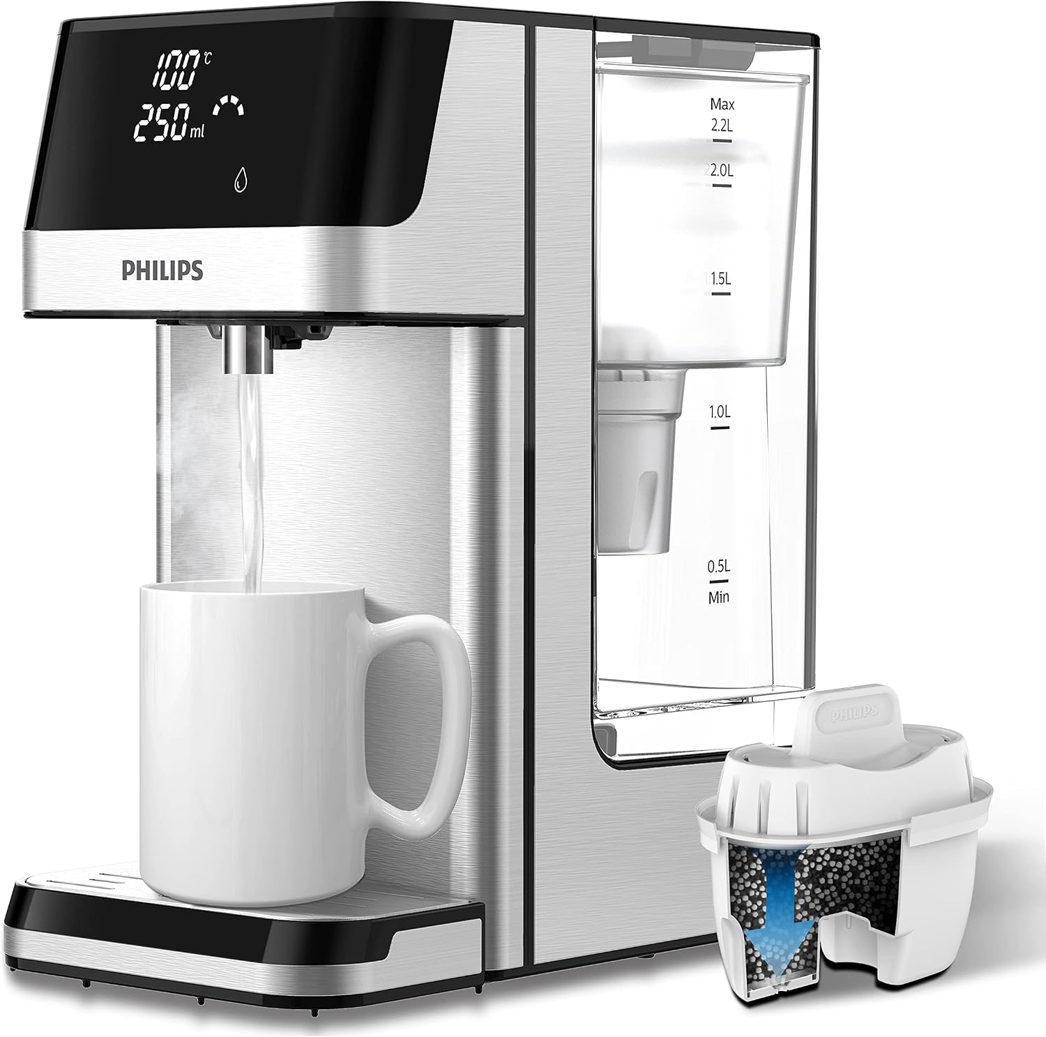آب جوش کن فیلیپس هلند Philips ADD5910M آب گرم فیلتر شده، ظرفیت 2.2 لیتر، 6 پیش تنظیم دما، تک صفحه لمسی