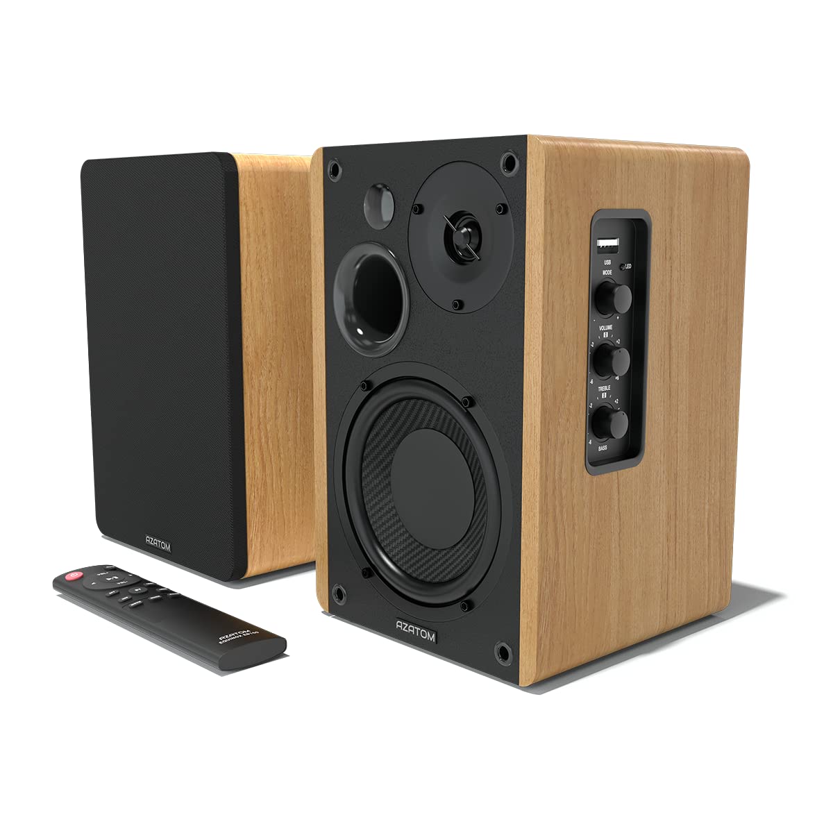 خرید از آمازون - AZATOM EB100 Powered Bookshelf Hifi Speakers, 2.0 Active, Bluetooth, Wired, Wooden Enclosure, Perfect for Music, Vinyl records, Home Theatre, Gaming, Laptops, PC, 50 Watts (Oak)