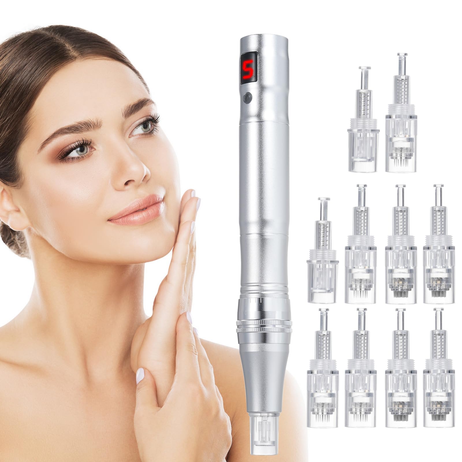 خرید از آمازون - قلم میکرونیدلینگ برقی حرفه ای Layhou، قلم میکروکریستالی قلم Derma، 0-2.5 میلی متر، طول سوزن قابل تنظیم، شدت لرزش 5 سطح، قابل تنظیم با نمایشگر دیجیتال (نقره ای)