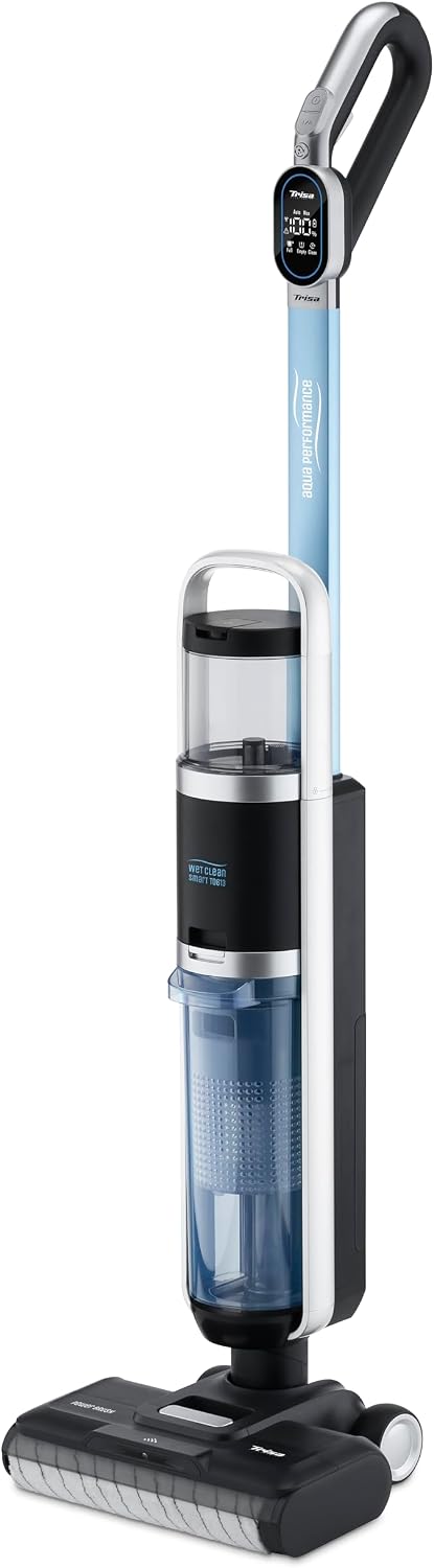 جارو شارژی خشک و مرطوب تریزا سوئیس تمیزکننده کف سخت Trisa Wet Clean Smart T0613 برای تمیز کردن سطوح خشک و تر، صفحه نمایش LED، نازل کف با اسپری قدرتمند، فیلتر HEPA، عملکرد خود تمیز شوندگی، خشک کردن با غلتک برس دار