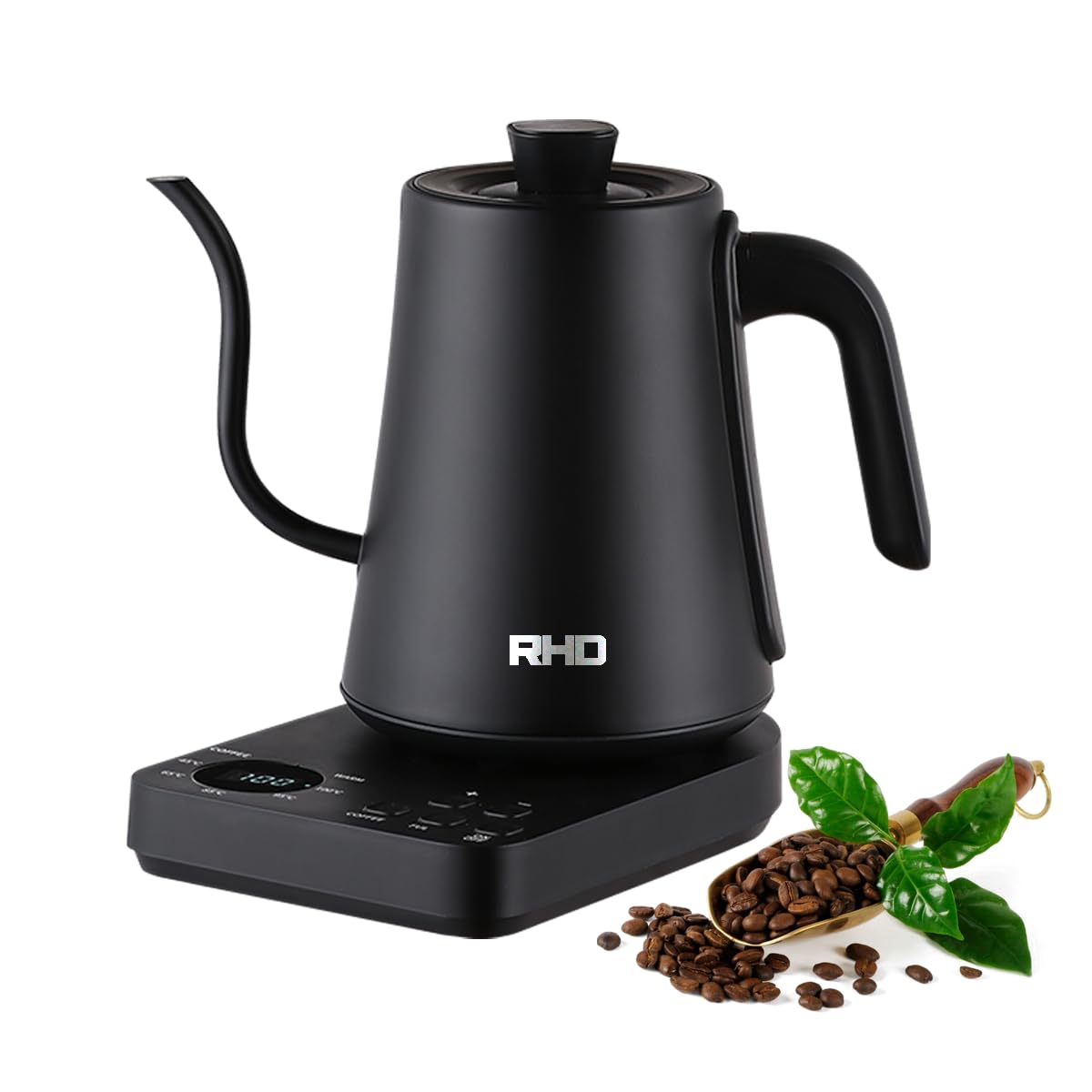 کتری برقی قهوه گردن غازی استیل ضد زنگ با ترموستات، کتری 1 لیتری با یقه غاز، کتری Kitchen Aid، کتری چای 1000 وات، دهانه زاویه راست 90 درجه، فولاد ضد زنگ 304، محافظ در برابر جوش، مشکی