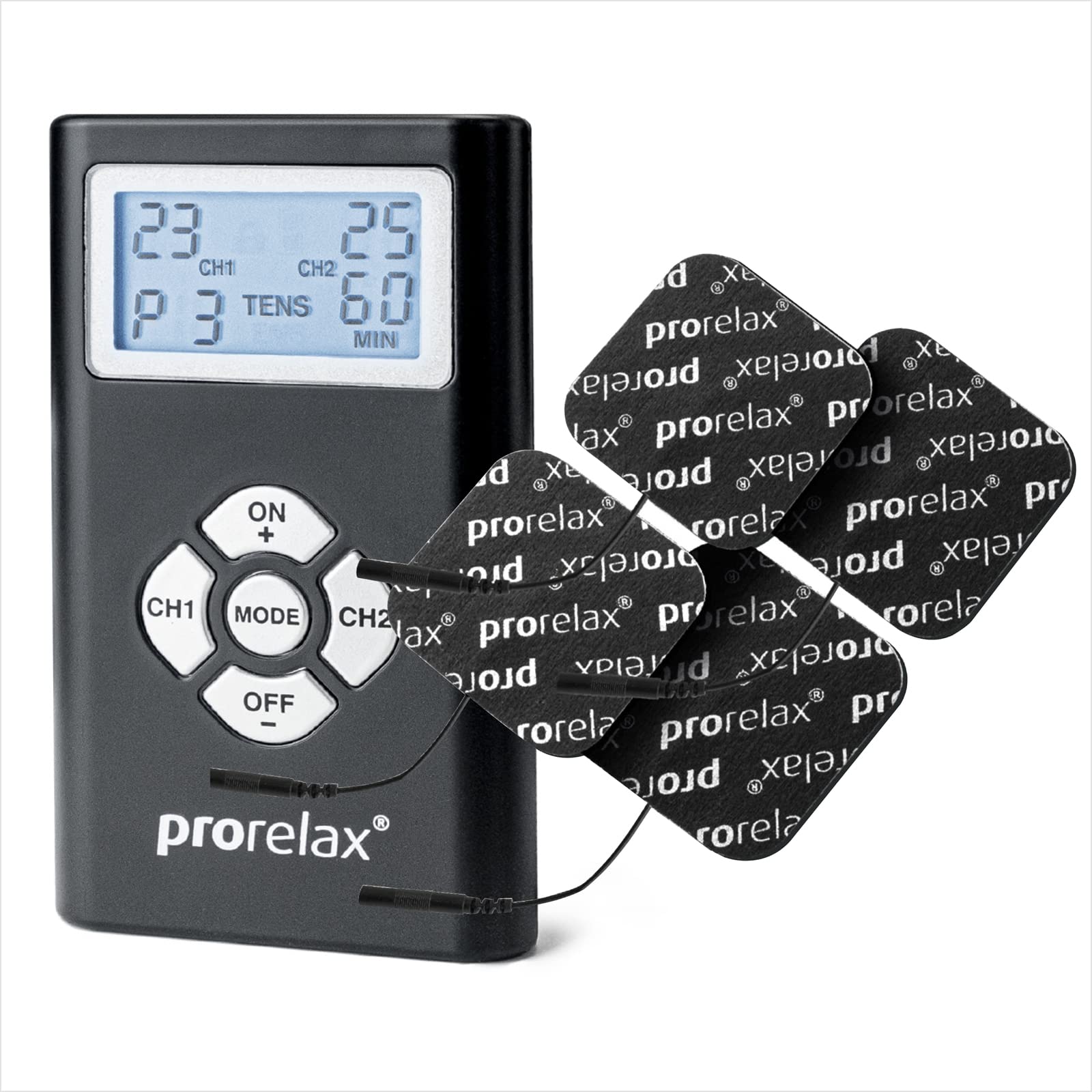 دستگاه تنس لاغری prorelax TENS/EMS Duo Blackline | دستگاه تحریک الکتریکی | 2 روش درمانی با یک دستگاه | درمان طبیعی درد مزمن و عضله سازی | ماساژور برای تنش