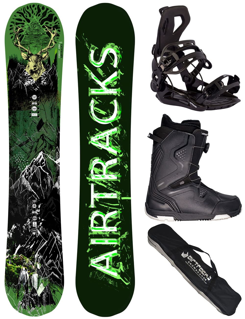 Airtracks Herren Snowboard Set Freeride Freestyle Forest King Carbon Wide Hybrid Rocker + Snowboard Bindung Master + Snowboardboots + Sb Bag 153 156 160 cm Snowboard 153 cm Boots Strong Atop 40