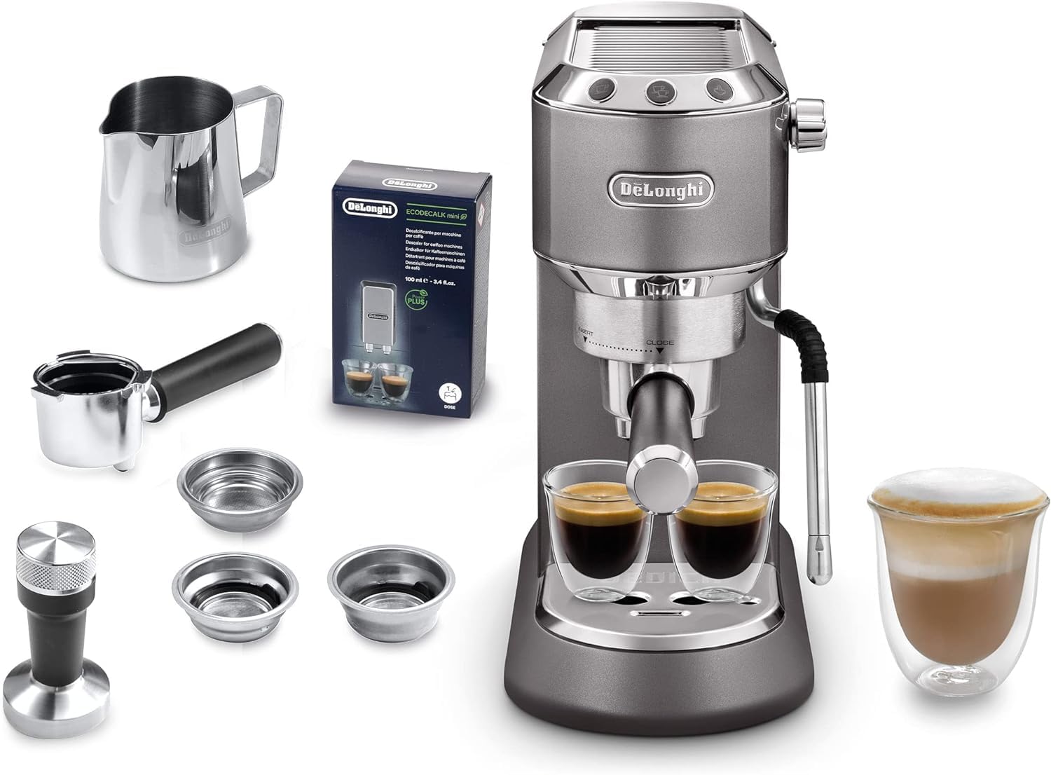 De'Longhi Dedica Arte EC 885.​GY، دستگاه پورتافیلتر اسپرسو، دستگاه اسپرسوساز با نازل فوم شیر MyLatterArt، طراحی فشرده، عرض 15 سانتی متر، مخزن آب 1 لیتری، پدهای ESE مناسب، خاکستری خاکستری شامل کیت باریستا