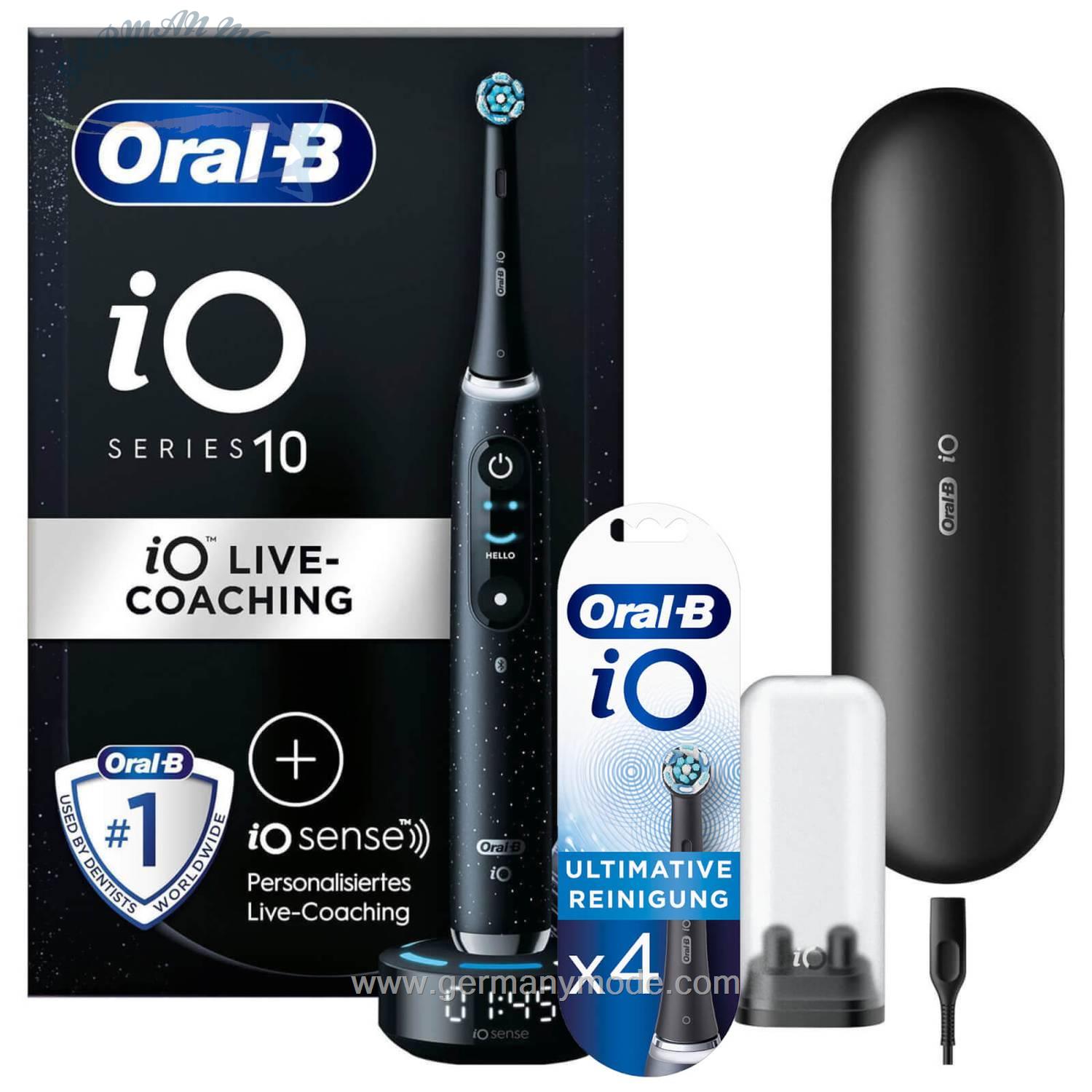 مسواک برقی اورال بی آمریکا Oral-B iO Series 10 Elektrische Zahnbürste, Lade-Reiseetui, Cosmic Black Aufsteckbürsten iO Sanfte Reinigung BLACK 4er