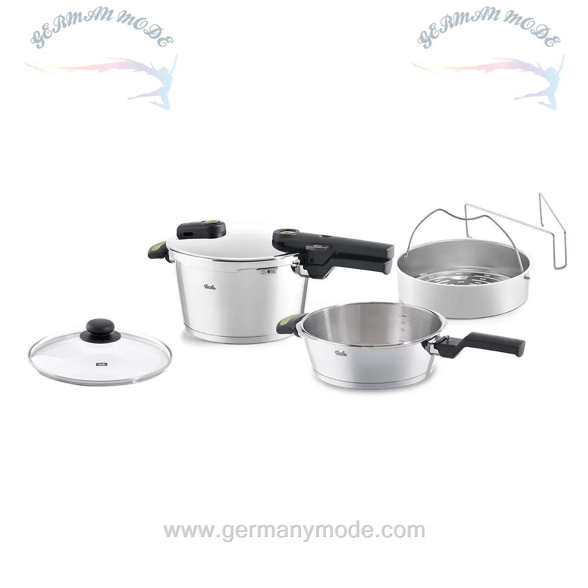 ست زودپز 2 تایی 2.5 - 4.5 لیتری فیسلر آلمان Fissler Vitaquick Green 2-teiliges Schnellkochtopf-Set 2,5 + 4,5 Liter mit gratis Glasdeckel