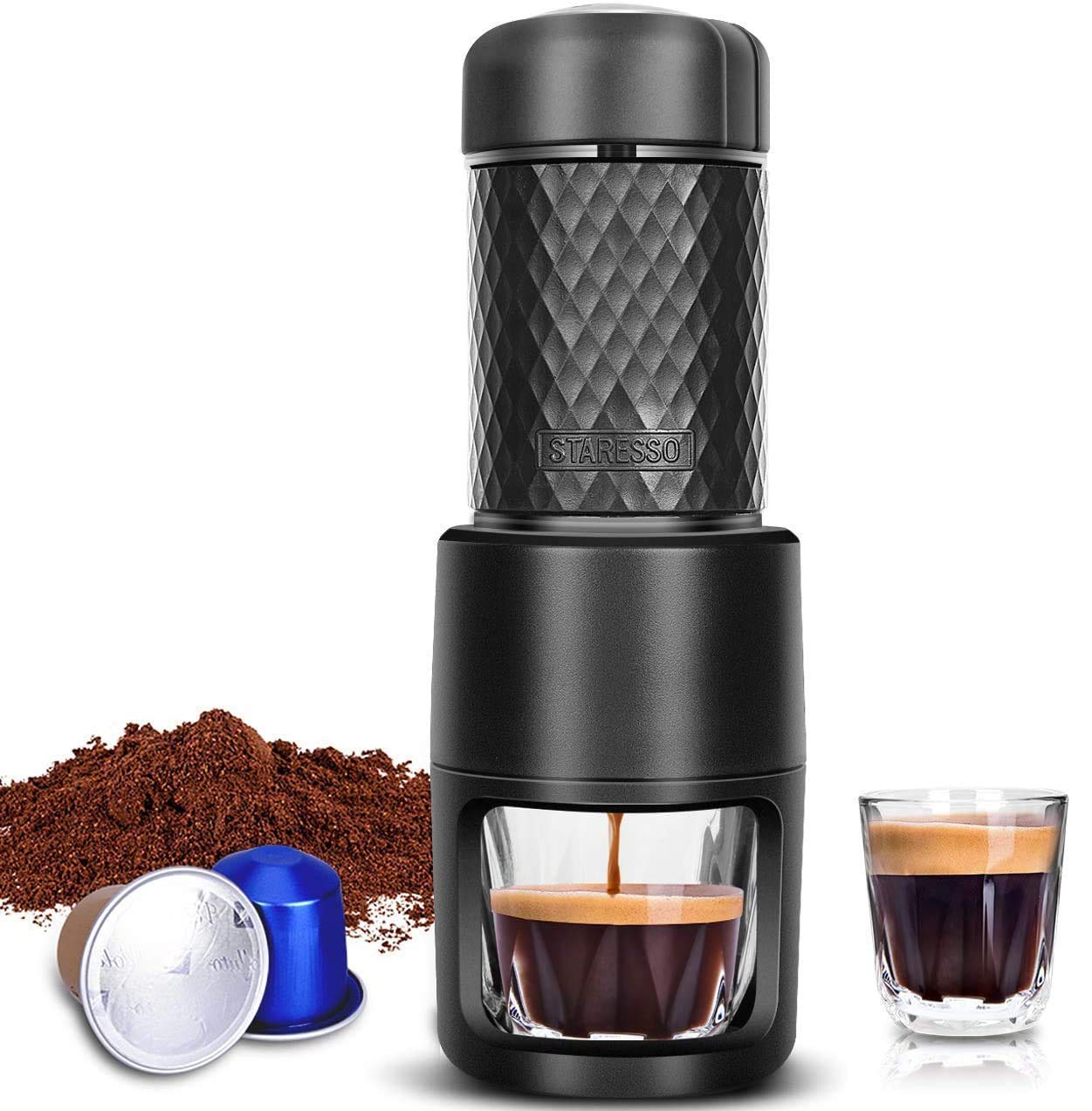 خرید از آمازون - دستگاه قهوه ساز قابل حمل STARESSO پرسو دستی با کپسول قهوه اسپرسو Cappuccino Quick Cold Brew All-in-One برای سفر در دفتر کار خانگی کمپینگ در فضای باز A-black