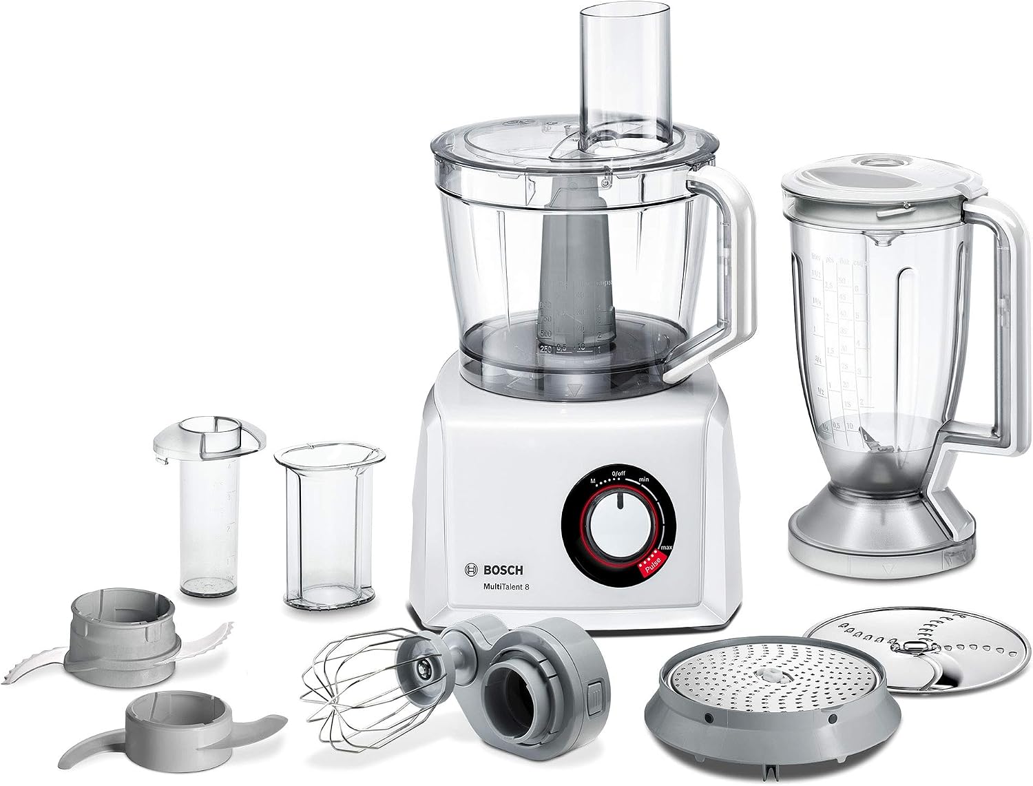 غذا ساز فشرده بوش آلمان Bosch MultiTalent 8 MC812W501، کاسه همزن XXL (3.9 لیتر)، مخلوط کن (1.5 لیتر)، تیغه جهانی، دیسک رنده، دیسک برش/رنده برگشت پذیر، دیسک پنکیک سیب زمینی، 1000 وات، سفید