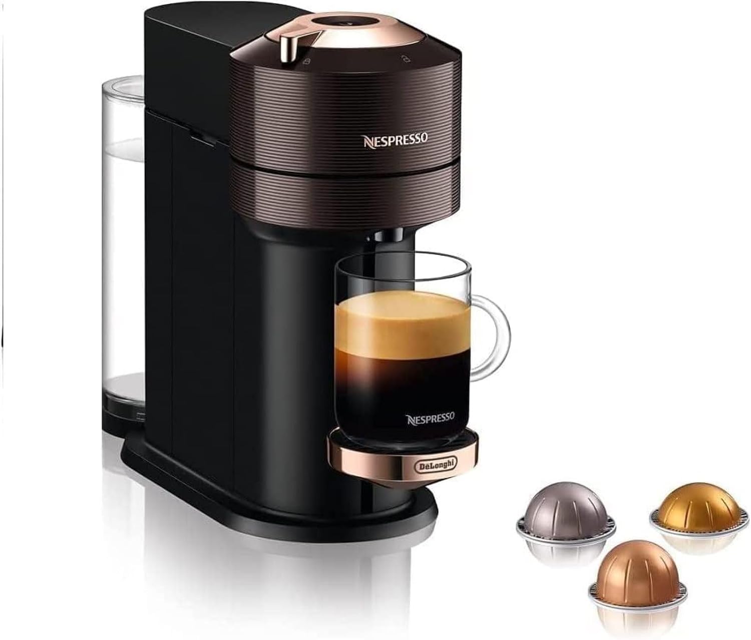نسپرسو ساز دلونگی ایتالیا Nespresso DeLonghi Vertuo Next ENV120.BW، قهوه ساز و اسپرسوساز با WIFI و بلوتوث، آماده سازی خودکار کپسول، آماده سازی تک لمسی، 12 کپسول، قهوه ای