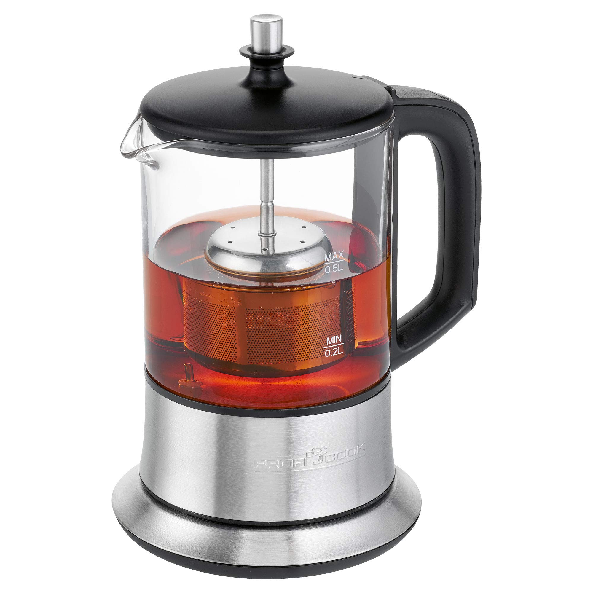 خرید از آمازون - ProfiCook PC-TK 1165, 2in1 Tee-und Wasserkocher, permanent Edelstahl-Teefilter (heb-und senkbar), 0,5 L Füllmenge, Warmhaltefunktion, Glas-/Edelstahlgehäuse, schwarz/silber