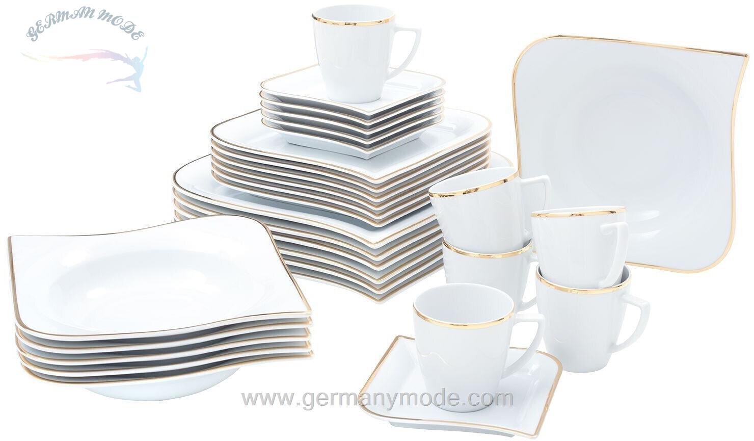 سرویس غذاخوری چینی 30 پارچه 6 نفره ون ول اسکاندیناوی Van Well Kombiservice Goldline (30-tlg.) weiß/goldfarben