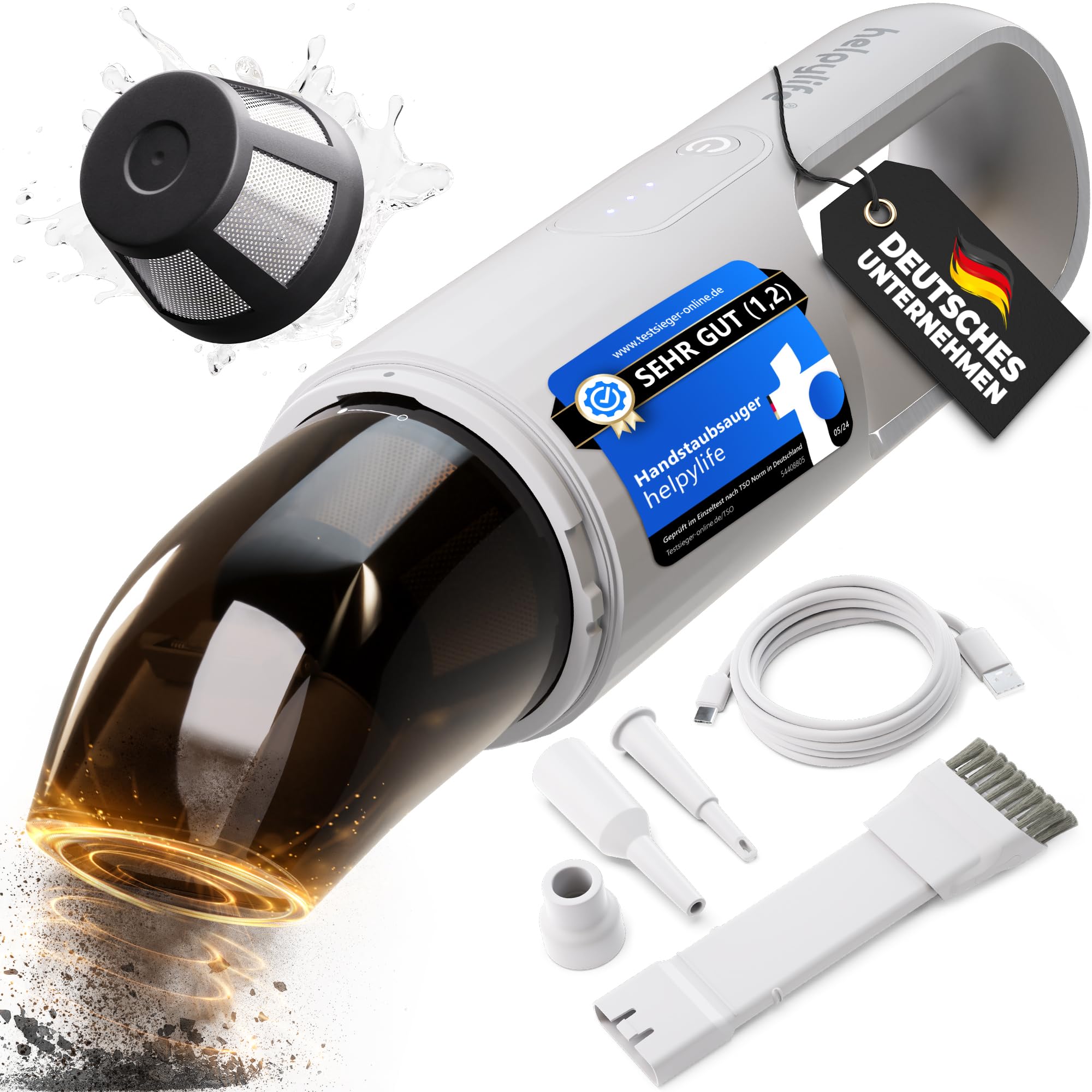 جارو شارژی دستی helpylife® HL200 با باتری I قدرت مکش قوی برای ماشین و خانه جارو برقی دستی بی سیم 4 در 1 با عملکرد تقویتی جاروبرقی ماشین I با فیلتر HEPA قابل شستشو ساخته شده از فولاد ضد زنگ (سفید)