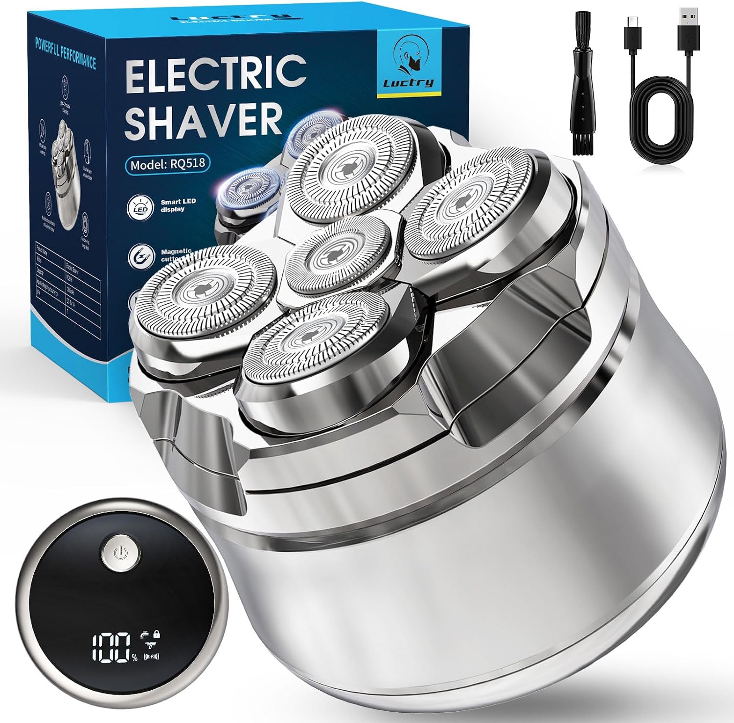 ریش تراش شارژی و ماشین اصلاح مخصوص سر کچل ریش تراش سر لاکتری برای مردان با سر طاس، ریش تراش برقی مغناطیسی 5 بعدی، تیغ طاس مردانه ضد آب IPX7، ریش تراش سر خیس و خشک طاس نقره ای