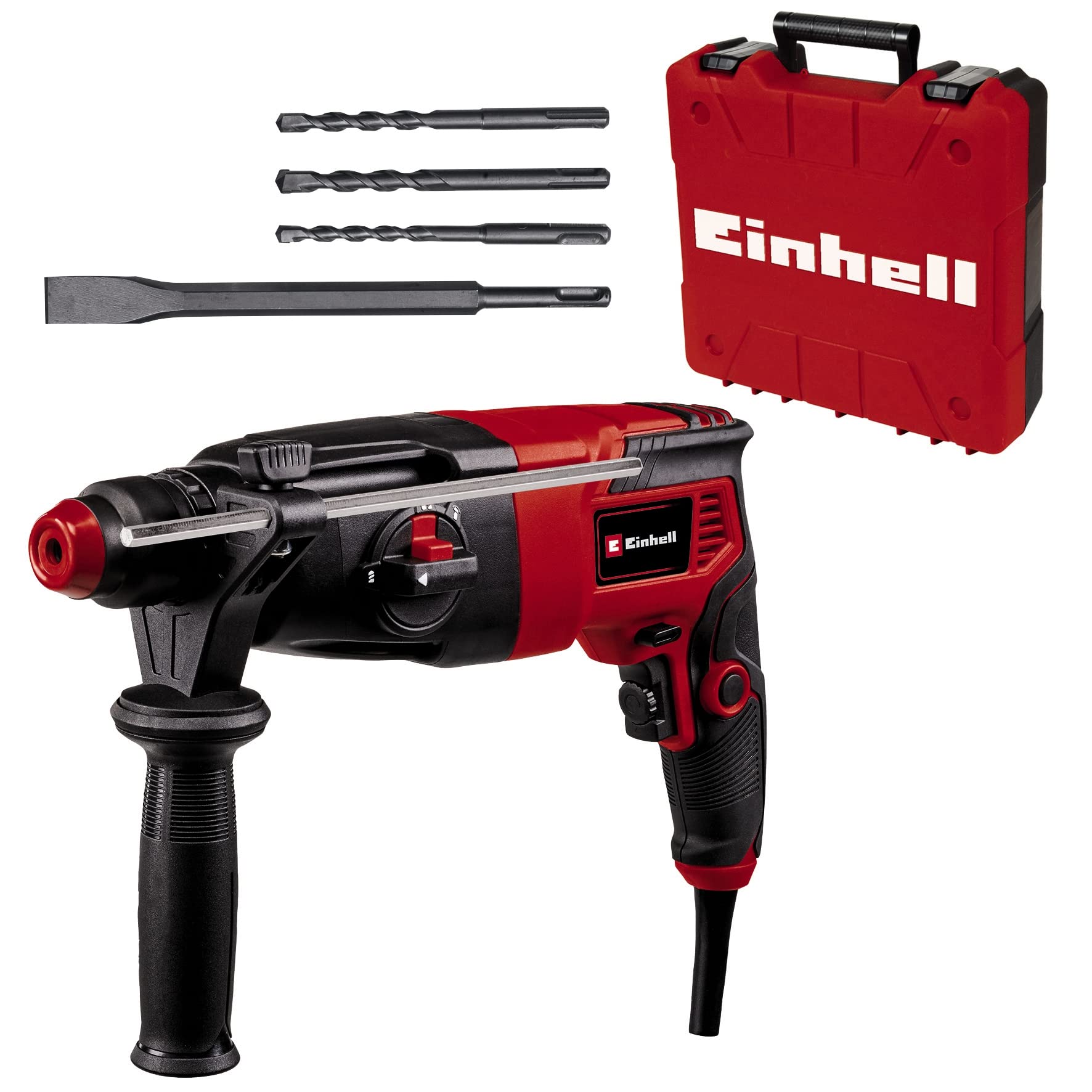 خرید از آمازون - کیت دریل چکشی Einhell TC-RH 620 4F (620 وات، مکانیسم ضربه پنوماتیک، قدرت ضربه 2.2 ژول، سوراخ کاری چکشی، سوراخ کاری، اسکنه با و بدون تثبیت، SDS-Plus، قفل کار مداوم)