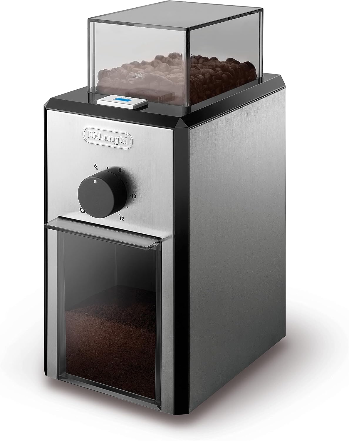آسیاب قهوه حرفه ای دلونگی ایتالیا DeLonghi KG89 KG 89 تا 12 فنجان، محفظه پلاستیکی، نقره ای، 110 وات