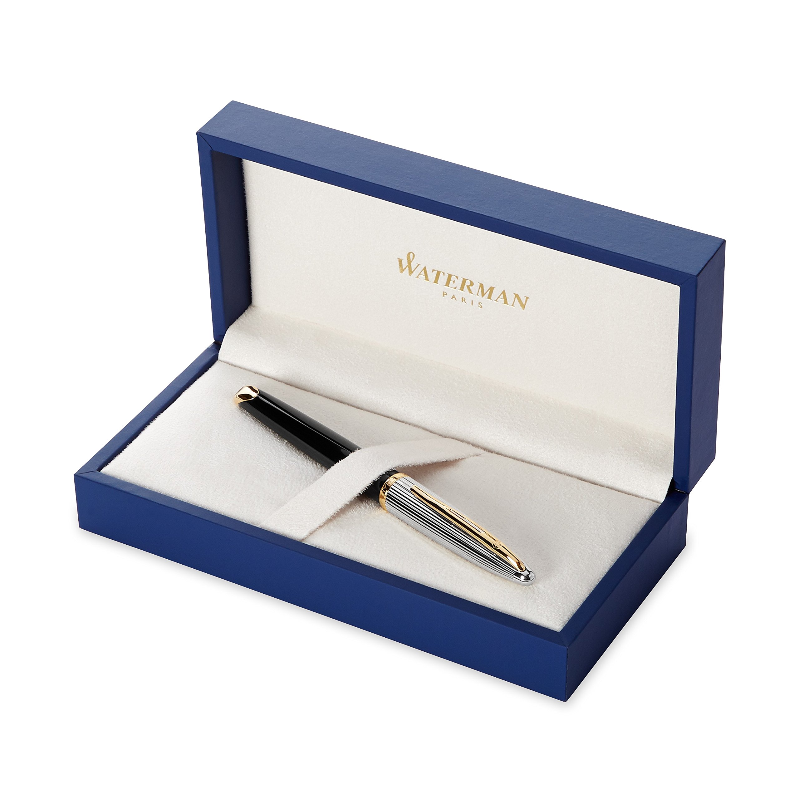 خرید از آمازون - Waterman Carène Deluxe Fountain Pen, Gloss Black & Silver Plated with 23k Gold Clip, Fine Nib with Blue Ink Cartridge, Gift Box fine nib Deluxe black