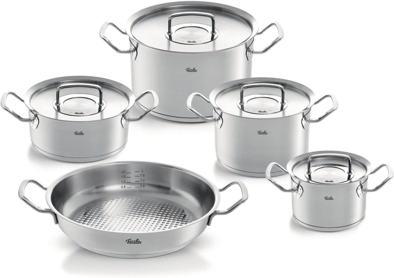 سرویس قابلمه 5 پارچه فیسلر آلمان Fissler Original-Profi Collection / ست قابلمه استیل 5 تکه، قابلمه با درب فلزی (3 قابلمه پخت، 1 دیگ برشته، 1 تابه سرو) - القایی 5 تکه 3 قابلمه پخت، 1 دیگ برشته، 1 تابه سرو