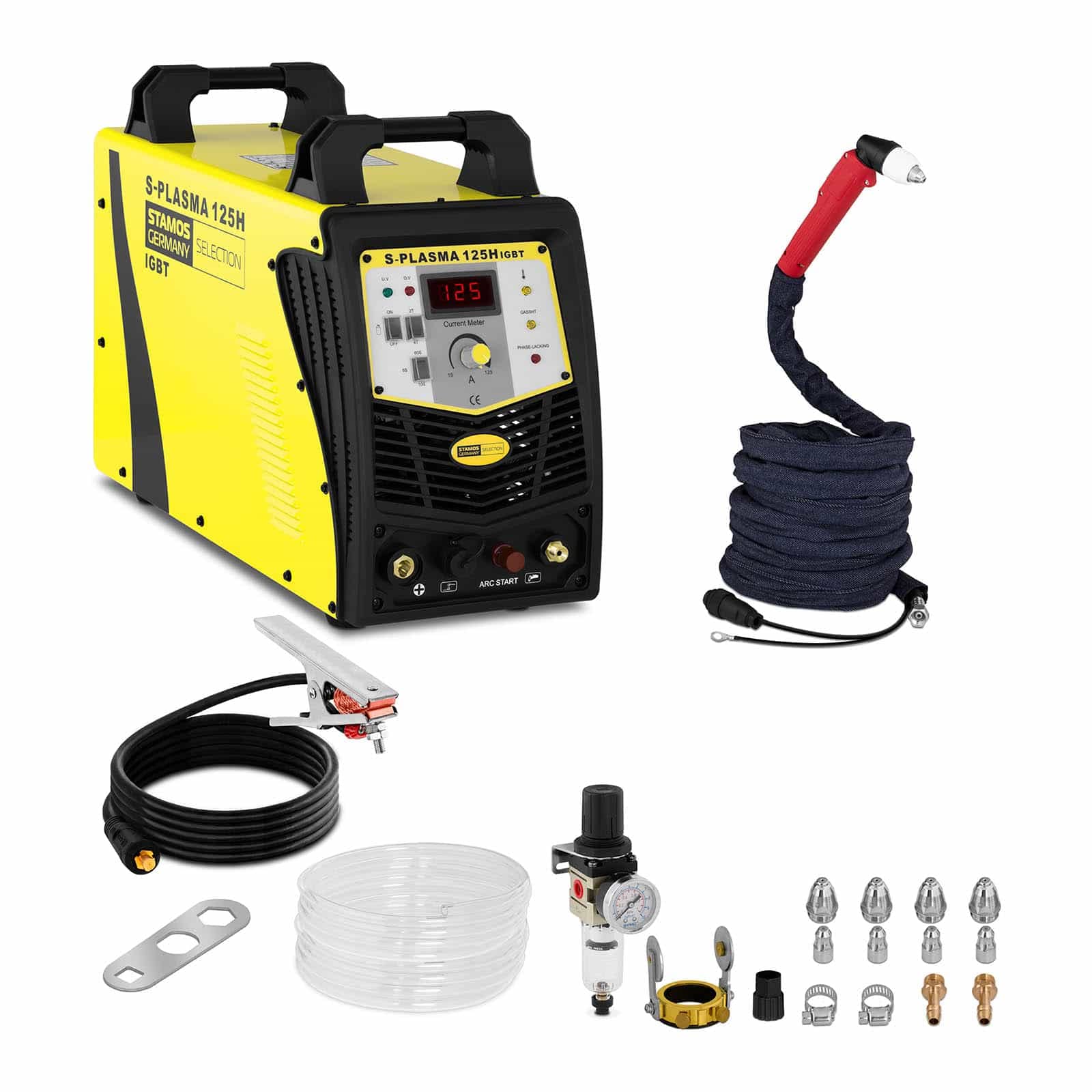 خرید از آمازون - برش پلاسما برش Stamos selection S-Plasma 125H 125 A 400 V ضخامت برش جرقه زنی پیلوت 34 میلی متر برش پلاسما IGBT بسته شیلنگ 2T/4T 5 متر